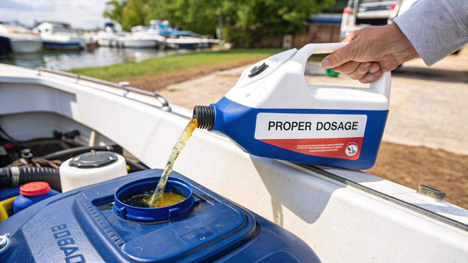 A person carefully pouring a measured amount of fuel additive into their boat's fuel tank before fueling.