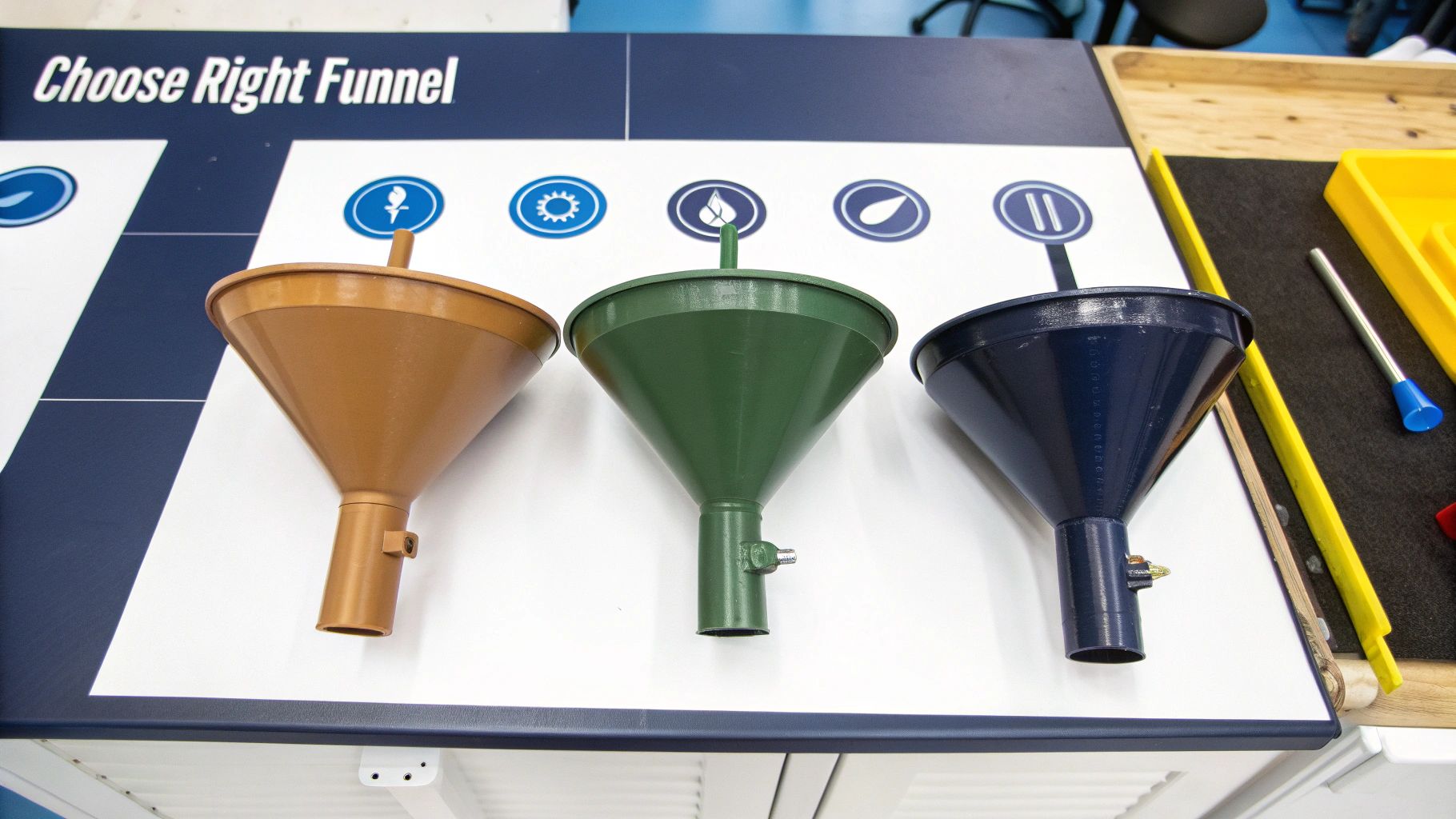 Three different colored fuel filter funnels displayed on educational workshop table with selection guide