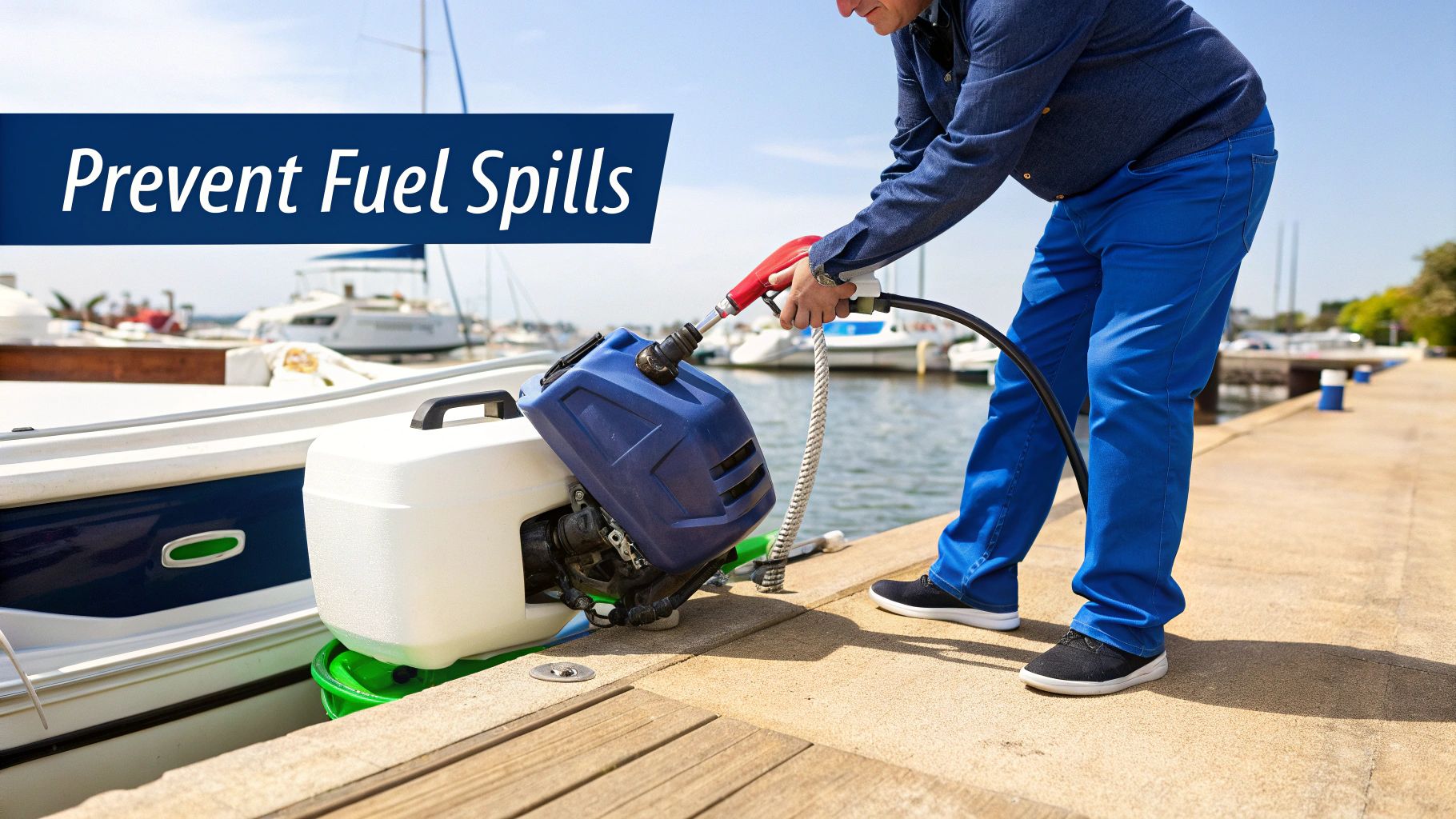 Preventing fuel spills while a person refills a marine portable fuel tank on a sunny dock.