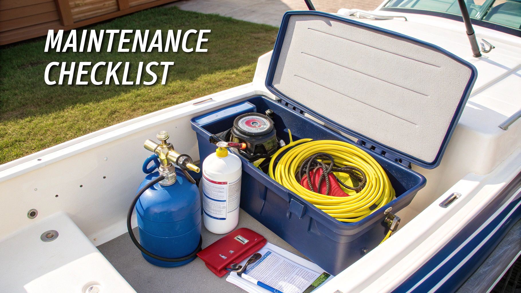 Boat storage compartment with maintenance tools, gas tank, hoses, and equipment organized in toolbox