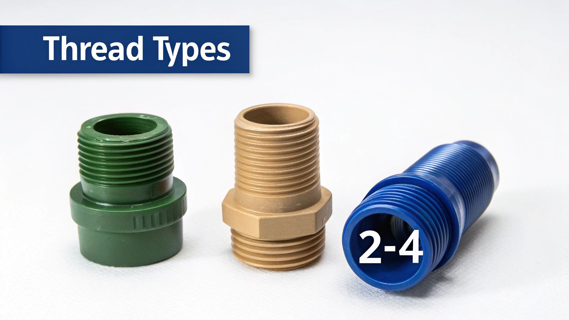 Various threaded hose reducer adapters in green, tan, and blue, demonstrating different thread types.