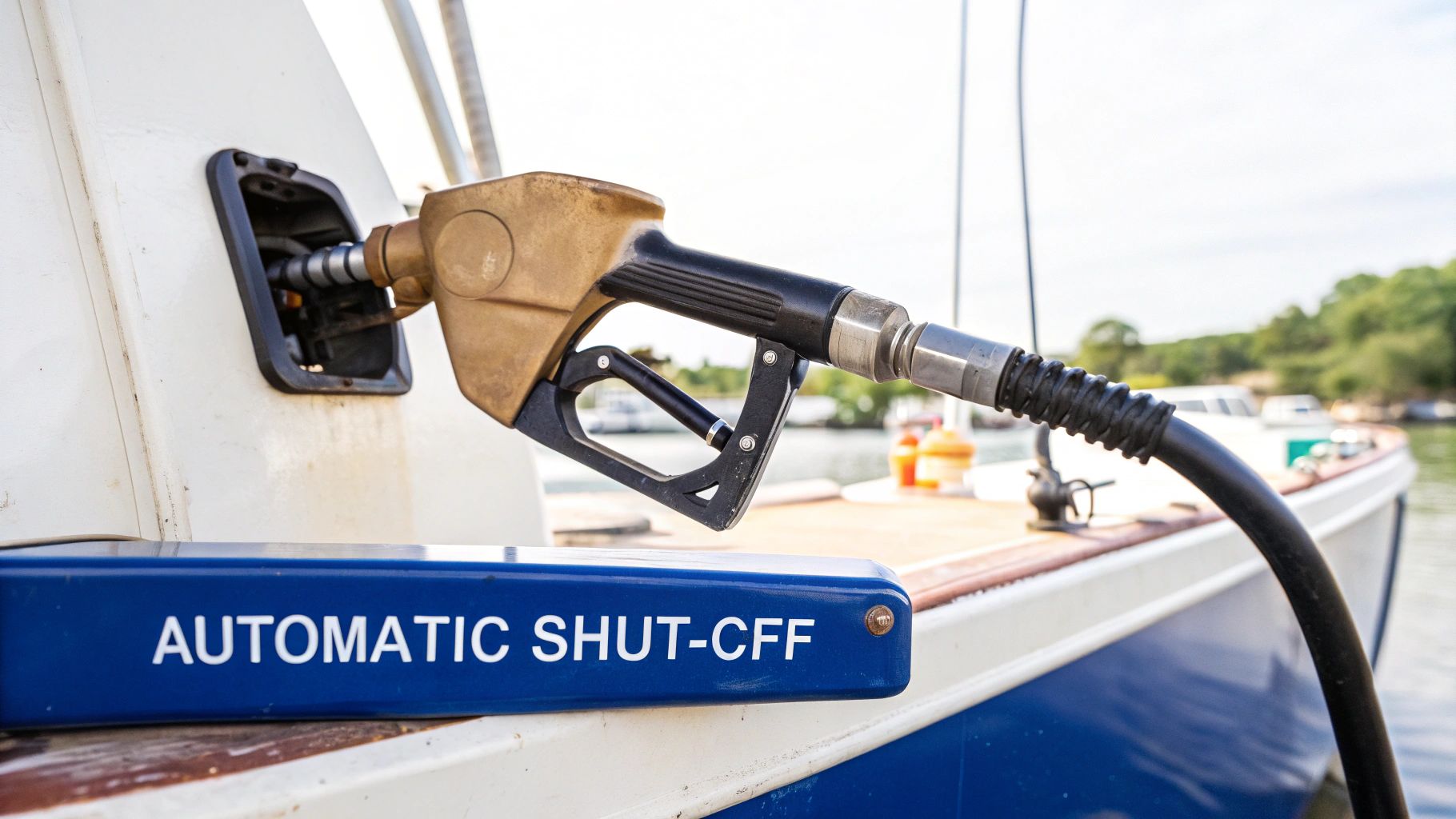 A fuel nozzle is inserted into a boat's fuel tank, with an 'Automatic Shut-Off' sign.