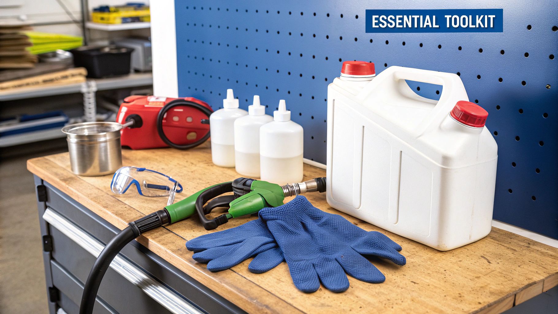 A collection of tools including a fuel pump, hoses, gloves, and safety glasses laid out on a clean surface.