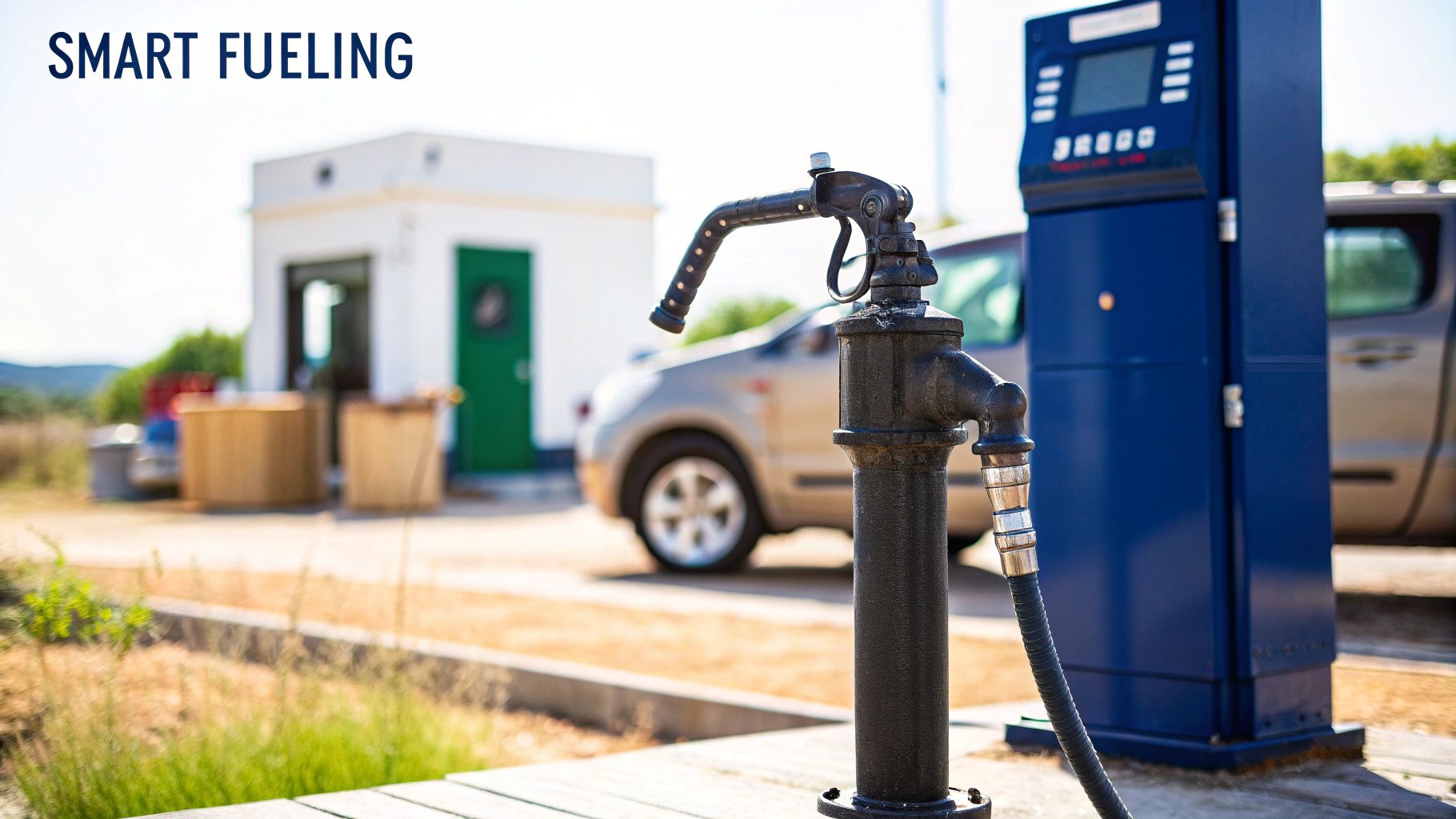A black vintage hand pump for fuel in the foreground, with a modern blue dispenser and car blurred in the background.