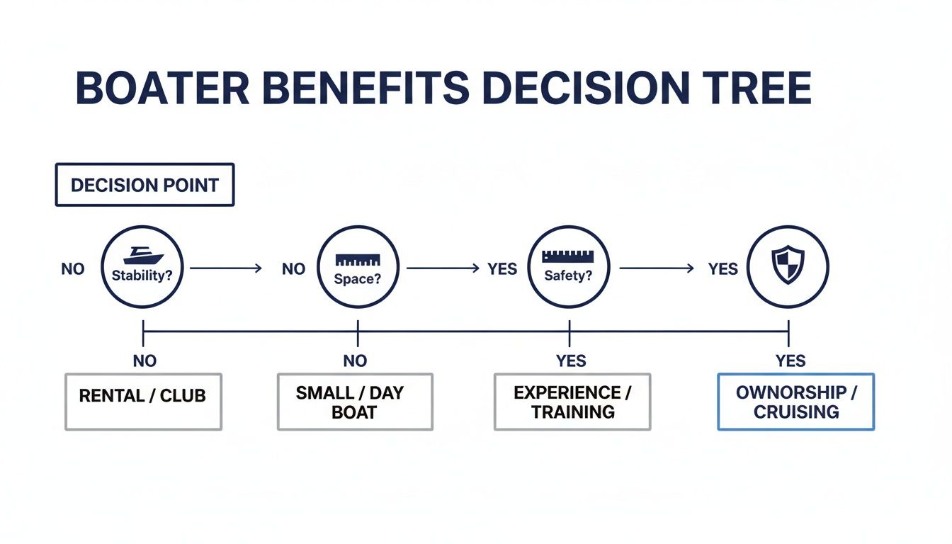 A Boater Benefits Decision Tree flowchart illustrating choices based on stability, space, and safety for boating options.