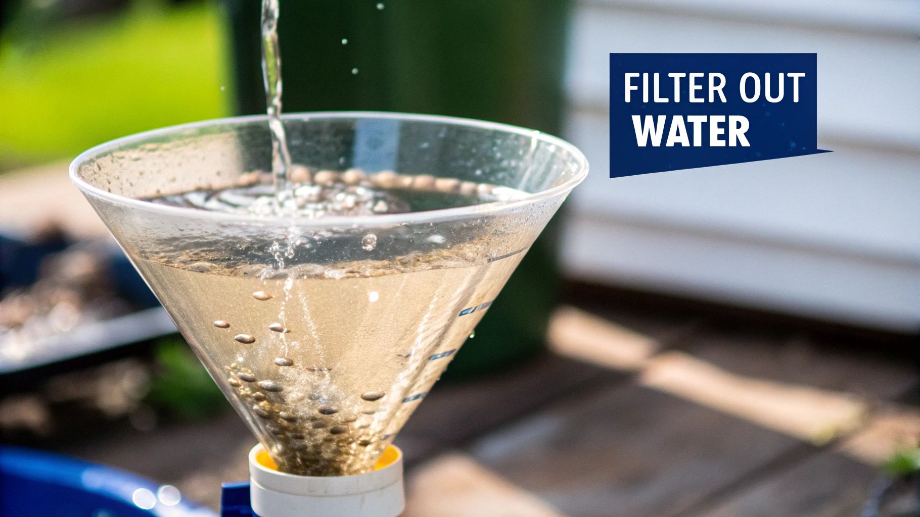 Clear funnel with water being poured in, containing small filtering beads, with text 'FILTER OUT WATER'.