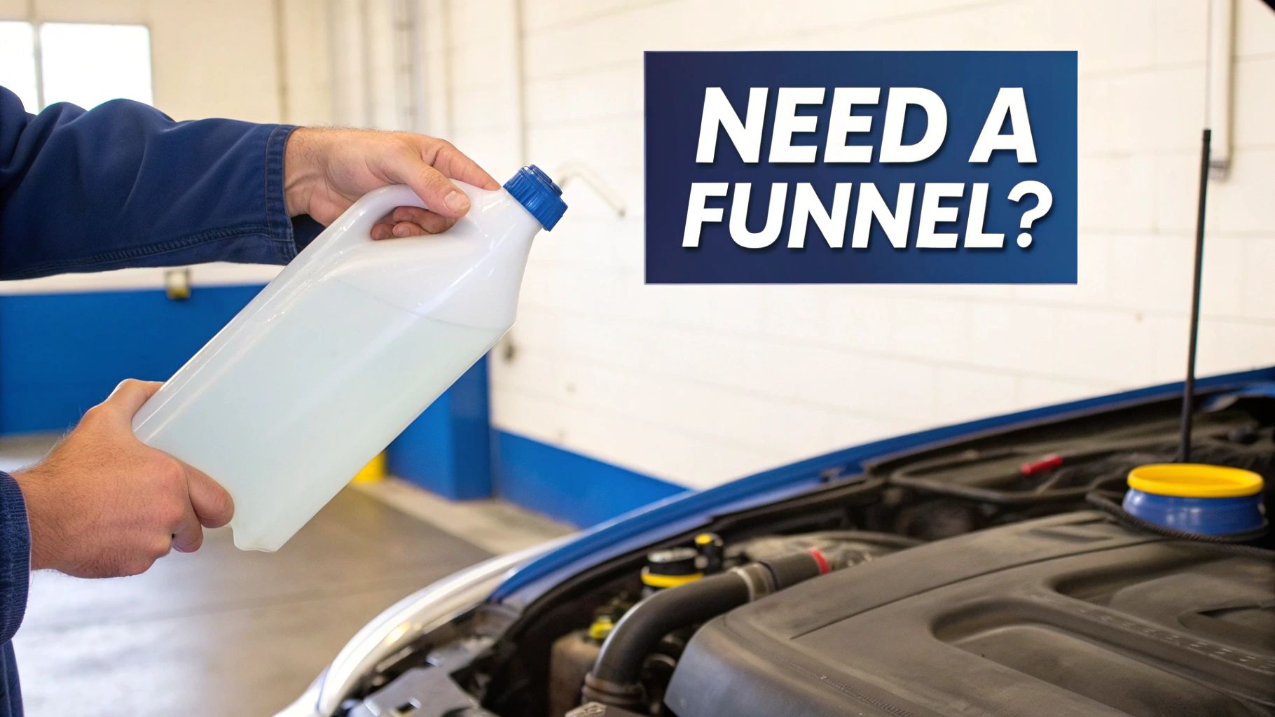 A person pouring liquid from a can into a container using a DIY funnel made from a plastic bottle.