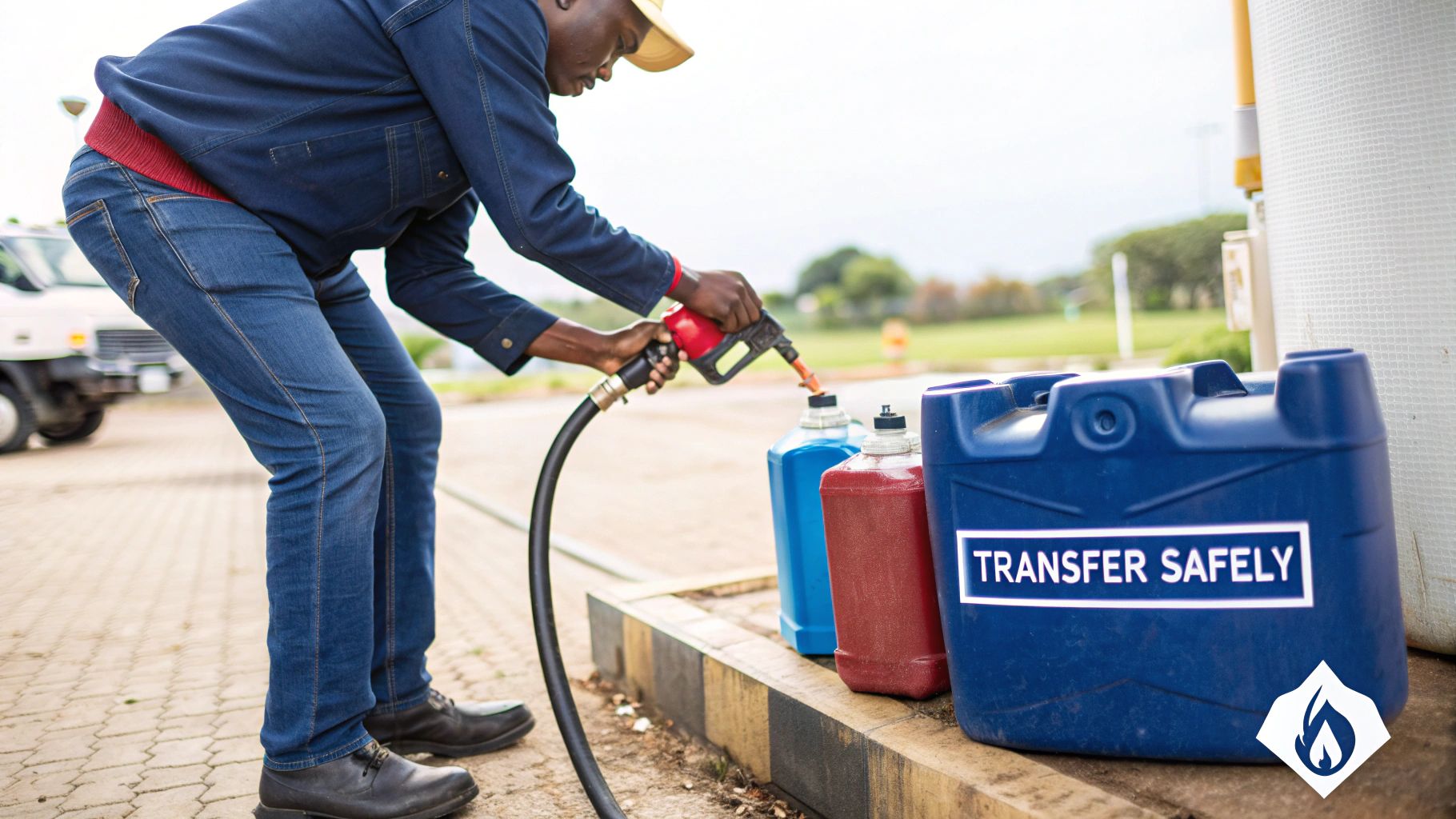 A person safely using a hand pump fuel transfer pump to move fuel from a red gas can to a boat.