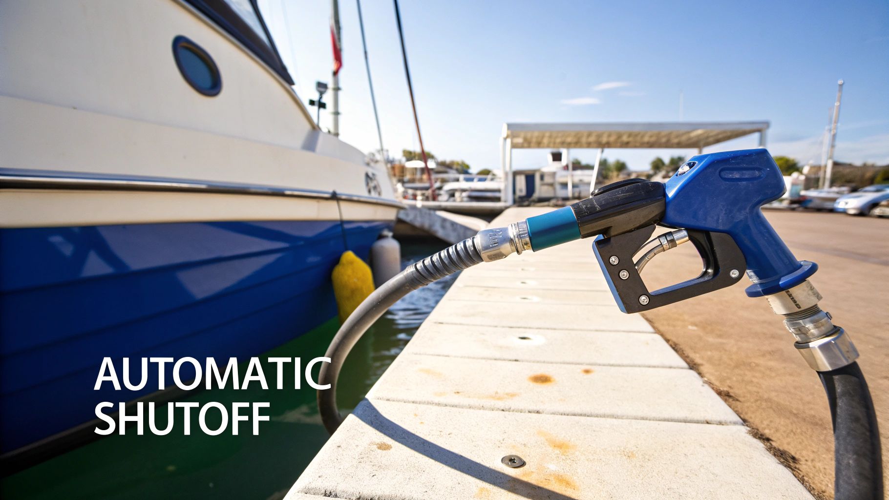 A blue fuel nozzle and hose on a dock, ready to refuel a boat at a marina.