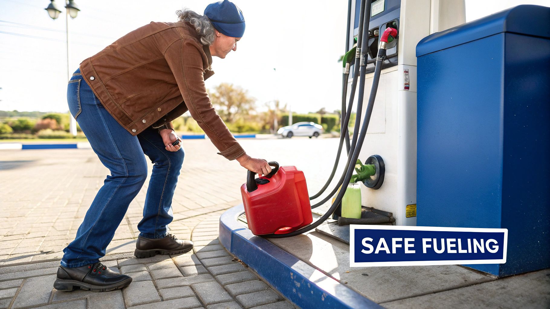 A person safely filling an outboard motor gas can on the ground next to their vehicle.