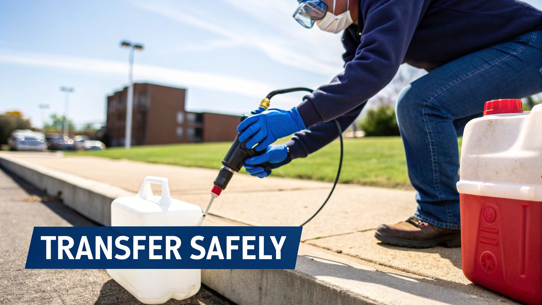 A person safely transferring fuel with a hand pump.
