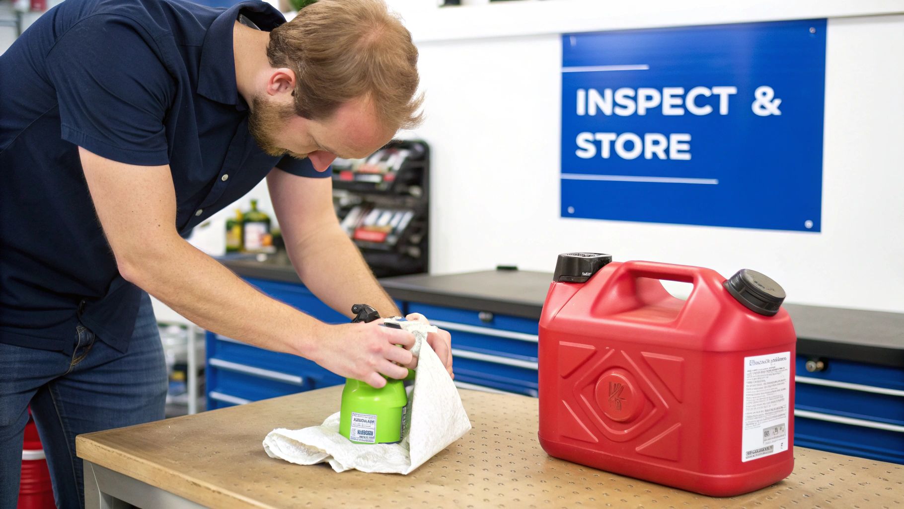 A person stores a red gas can on a shelf in a well-organized garage.