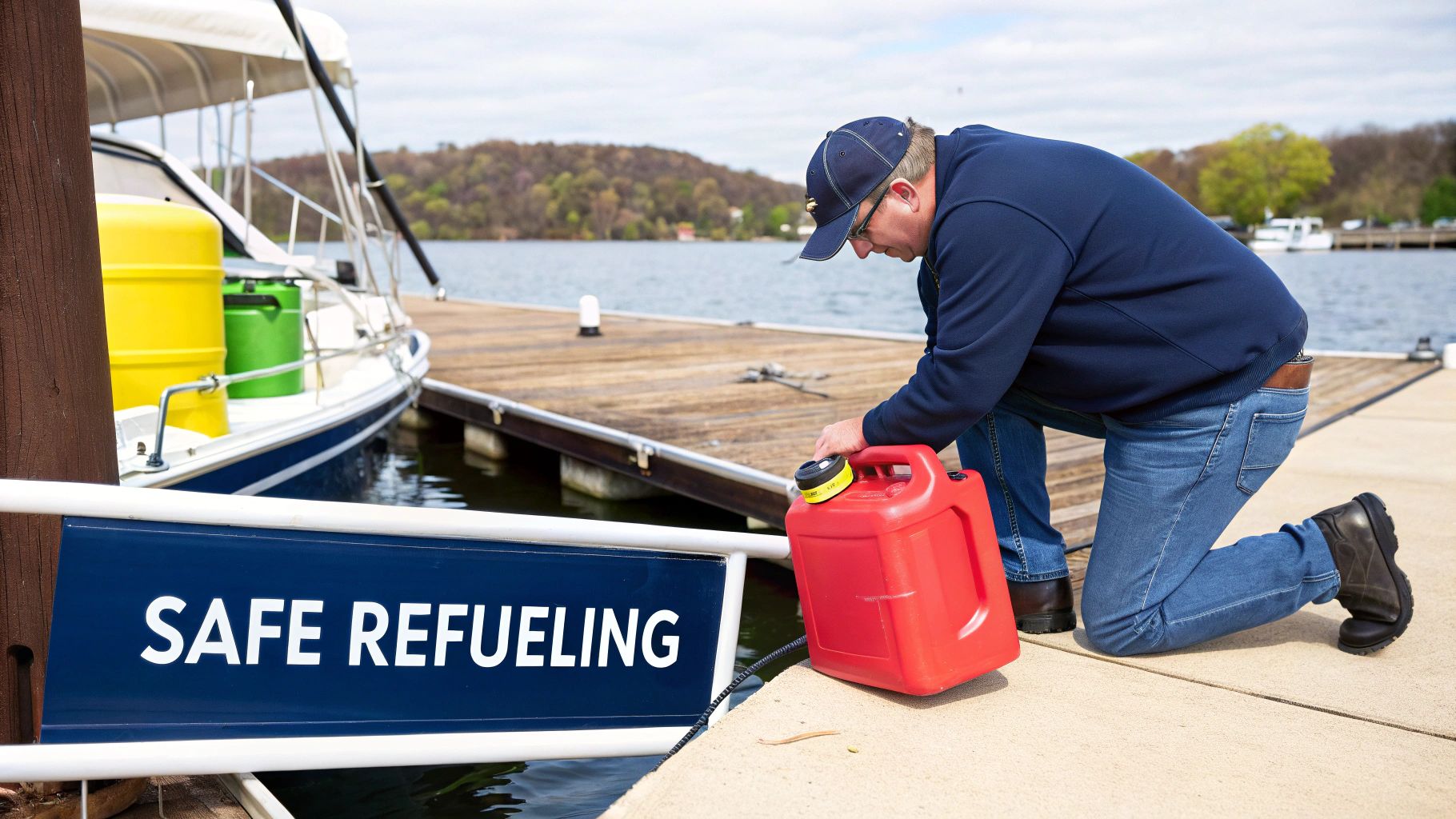A boater securely stores a red marine fuel can on the deck of their vessel.