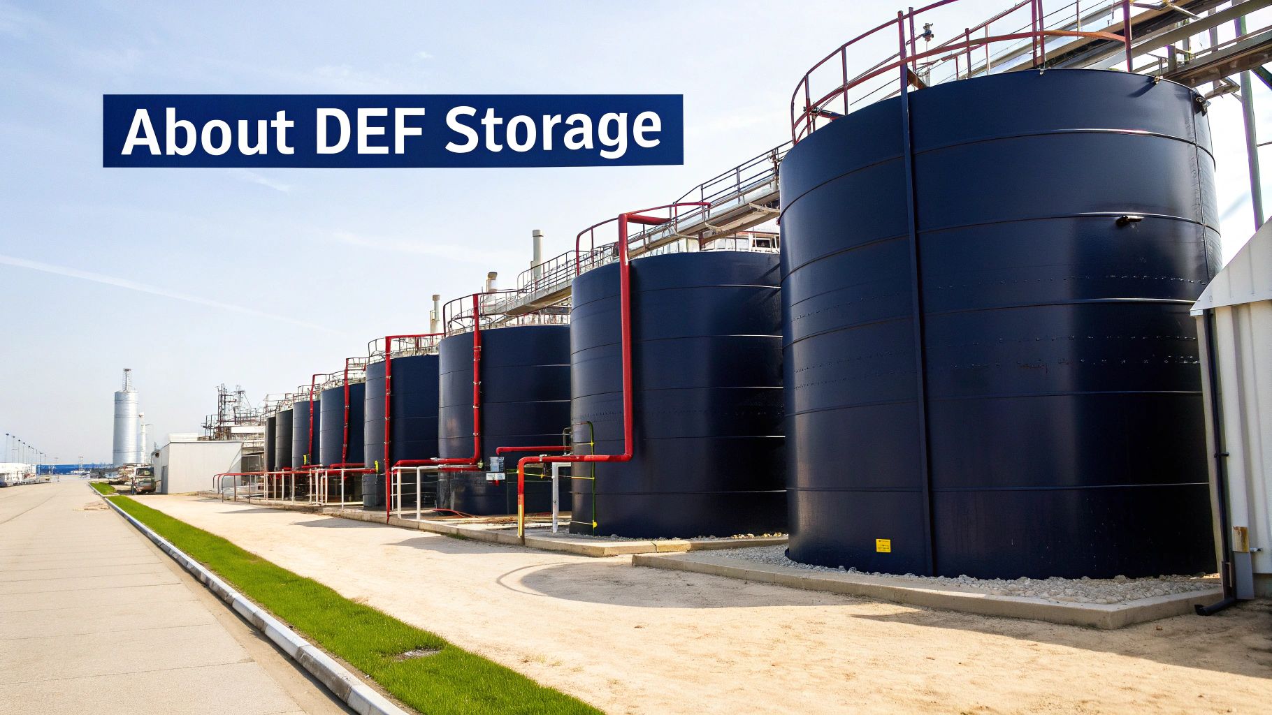 A large, white, cylindrical diesel exhaust fluid storage tank with pumps and hoses attached, situated in an industrial setting.