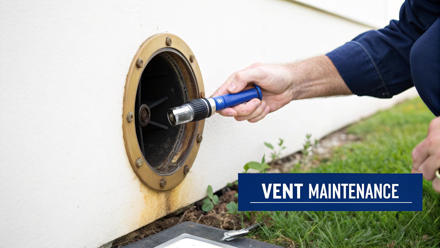 A close-up shot of a marine fuel vent being inspected on a boat's hull.