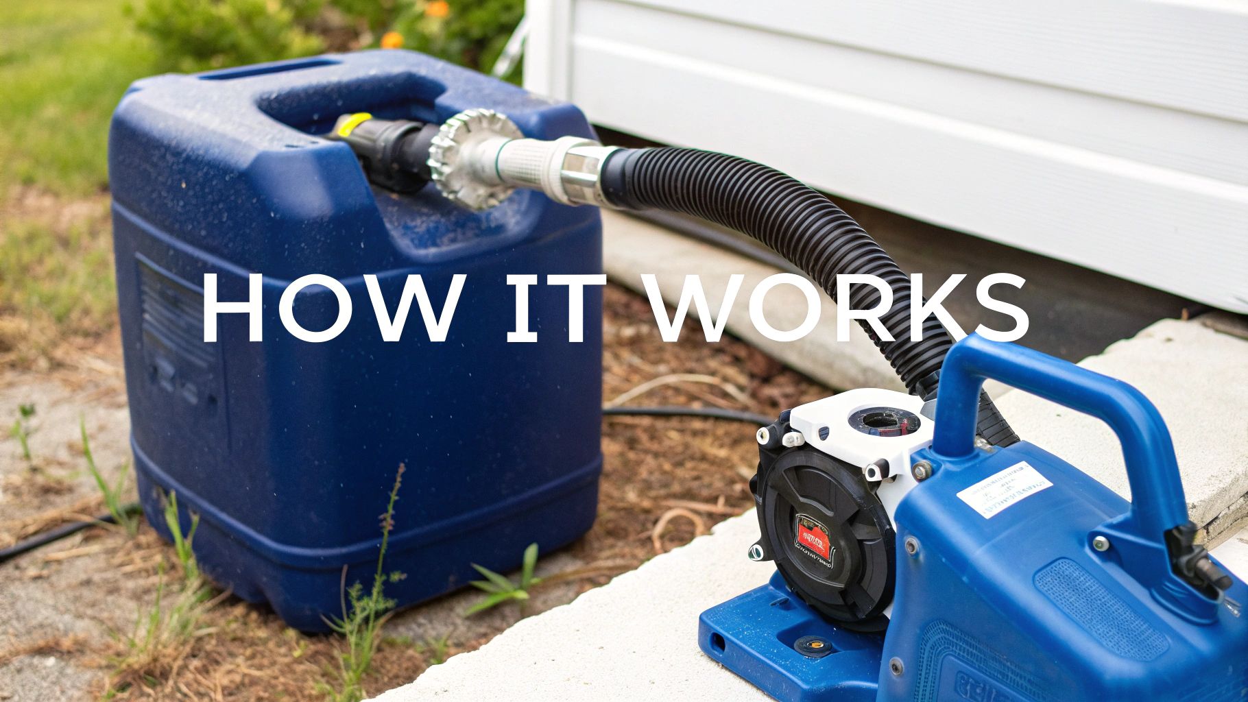 A close-up view of a gas can electric pump, with the intake hose submerged in fuel and the nozzle ready for use.
