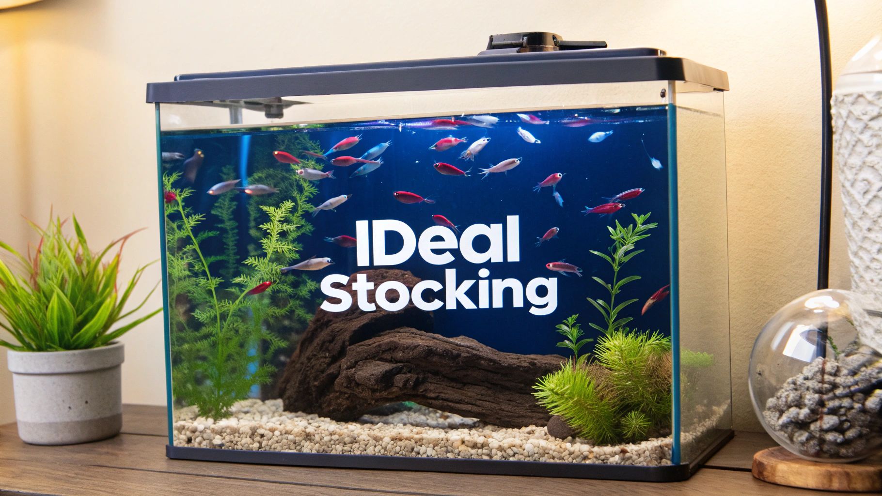A beautifully aquascaped 15 gallon fish tank with plants and small fish.