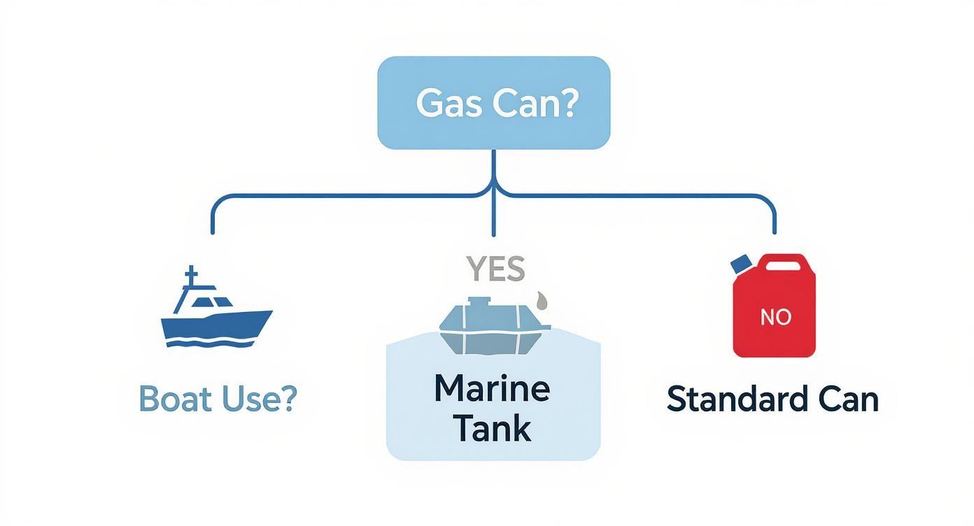 Flowchart showing gas can storage options: marine tank for boat use, standard can for non-boat use