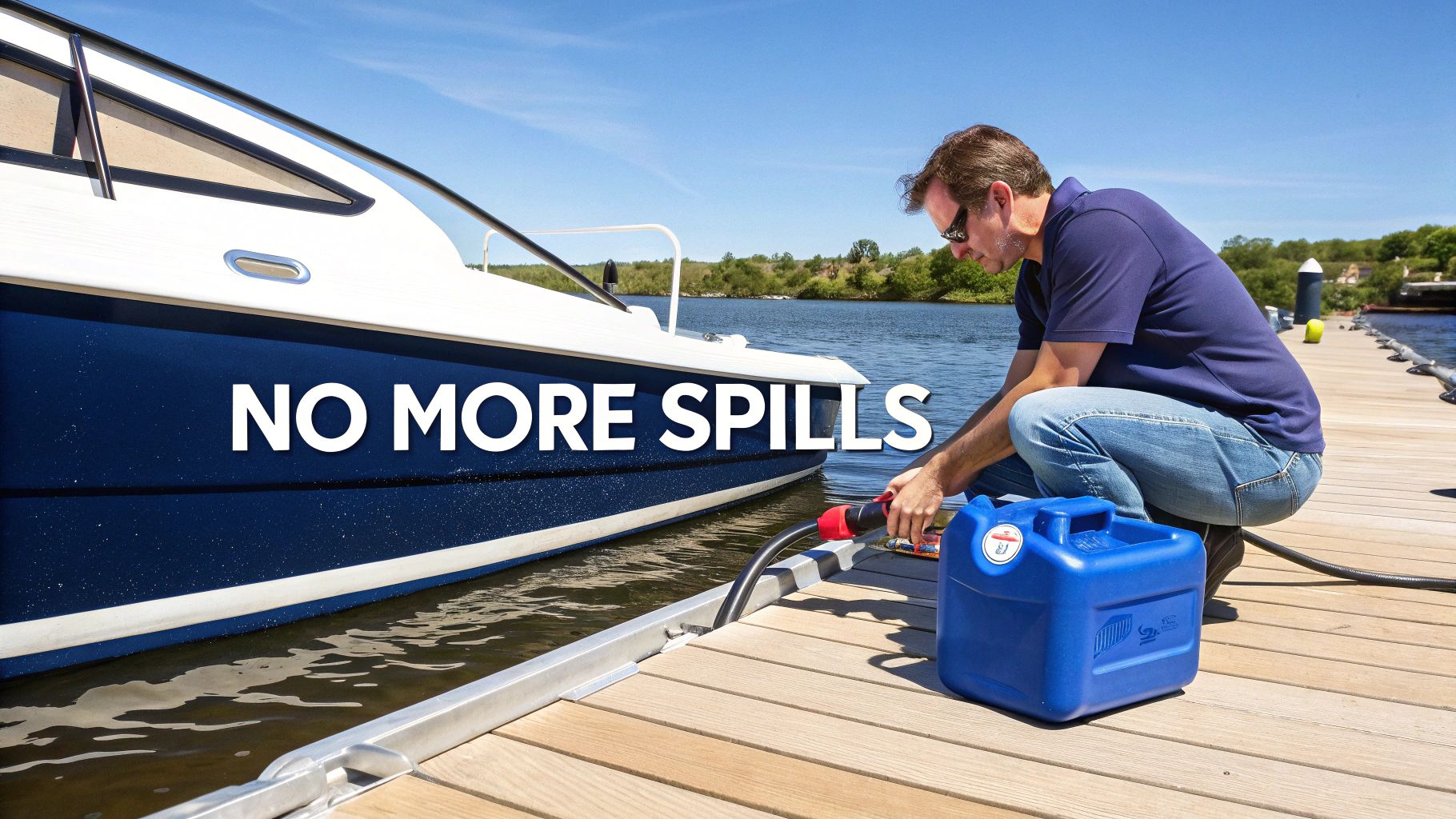 A man efficiently pumps fuel from a blue jug into a boat on a sunny day at a dock.