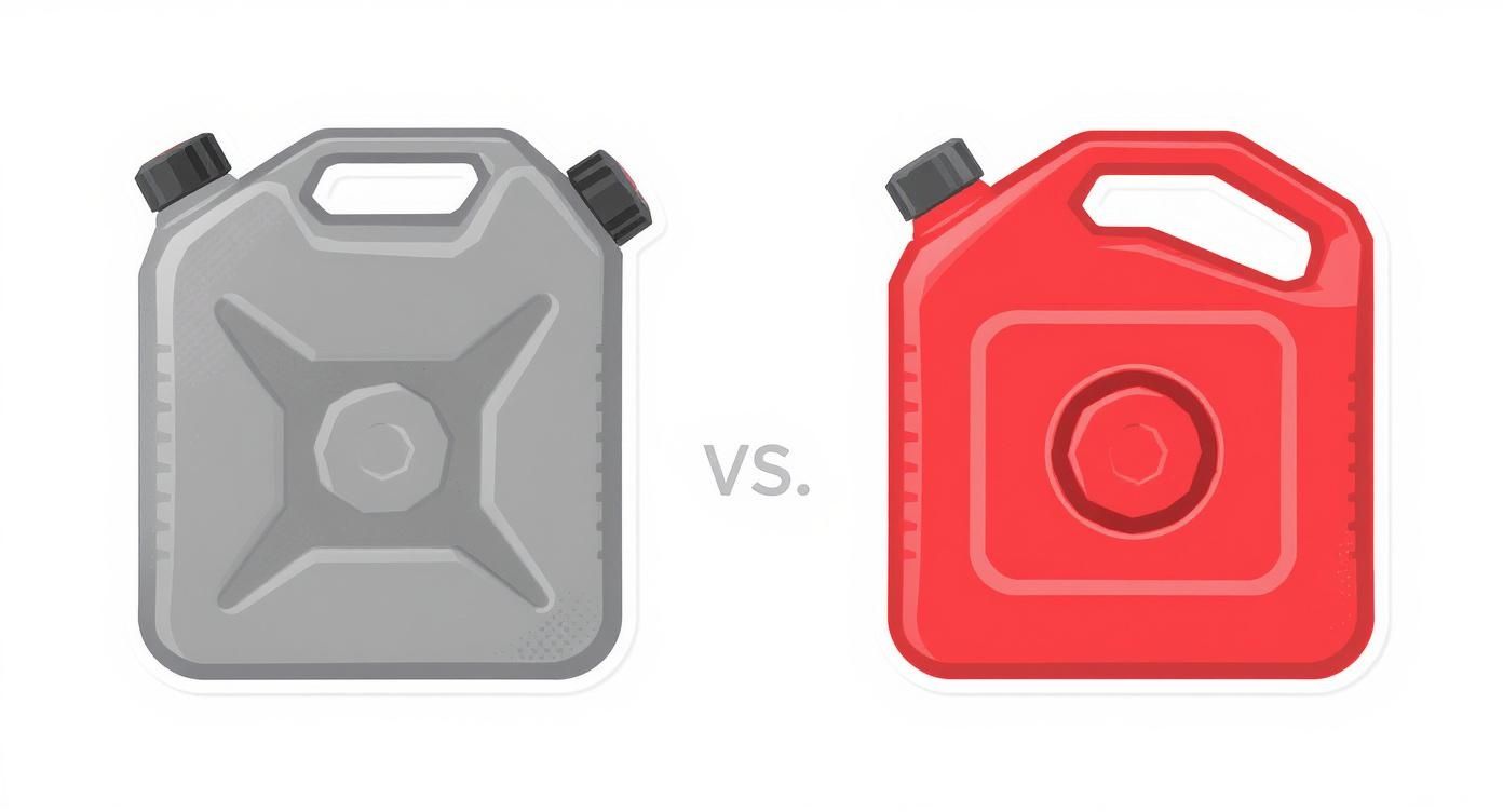Infographic comparing metal and plastic gas cans side-by-side