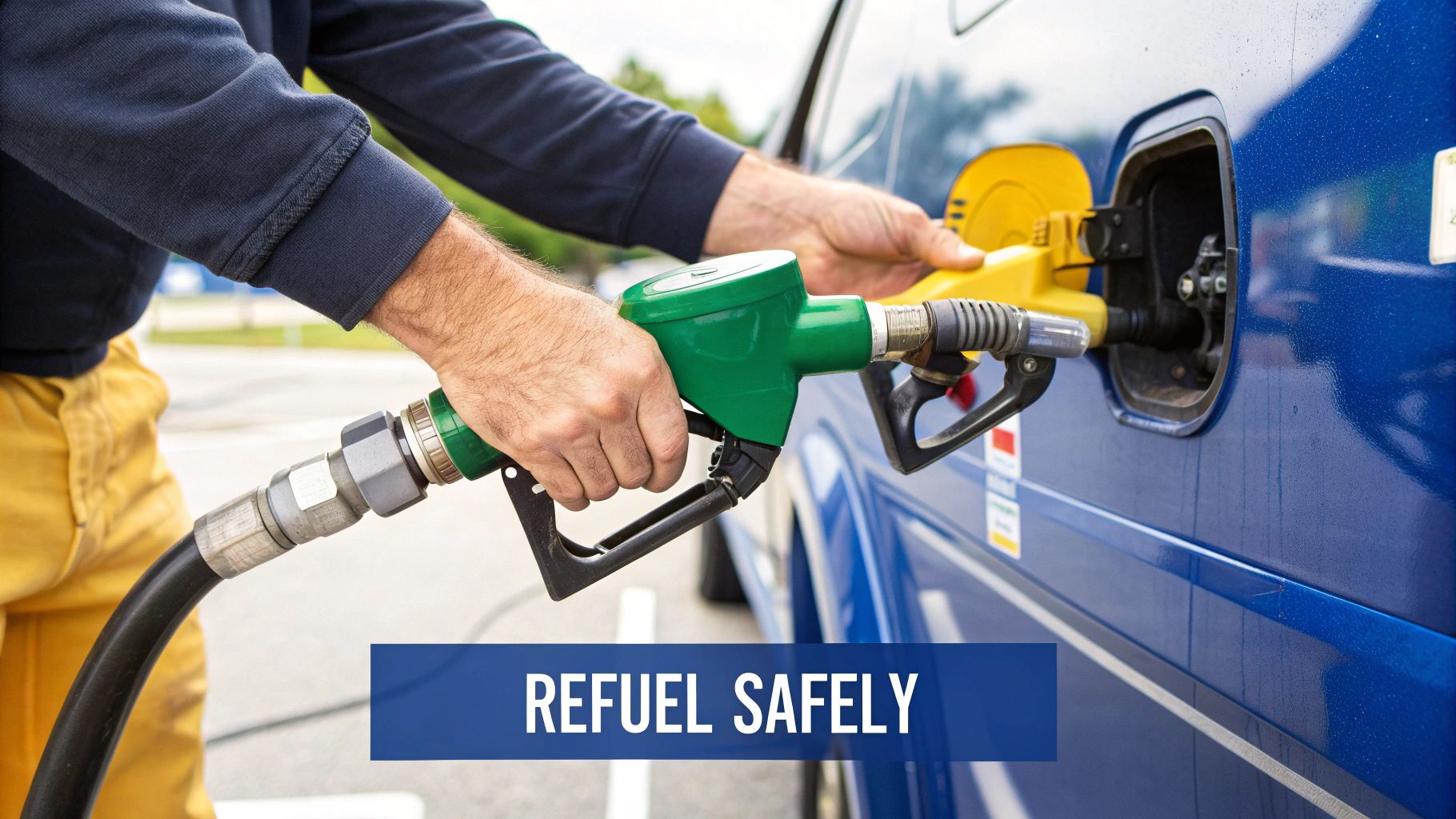 A person safely refueling a boat using a Flo Fast gas can system, highlighting its stability and long hose.