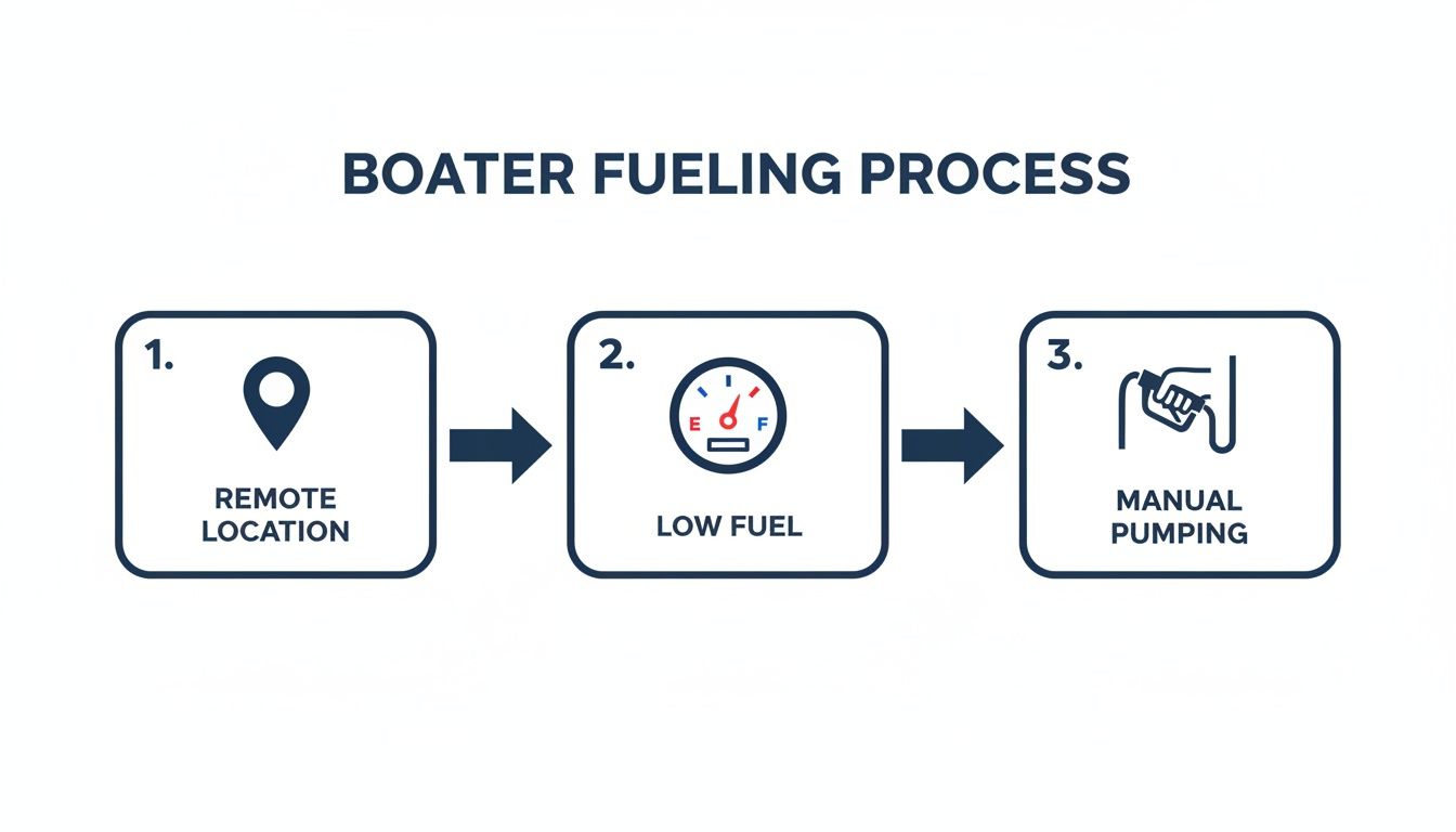 Flowchart illustrating the boater fueling process, including remote location, low fuel, and manual pumping steps.
