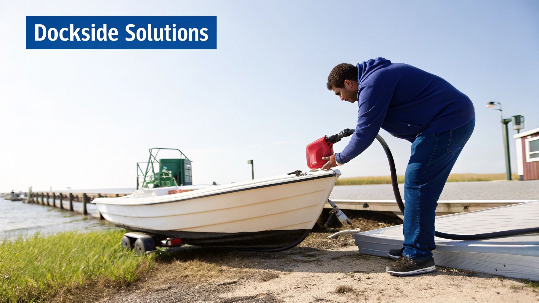 A man fuels a white boat on a trailer with a red fuel jug and pump by the water.