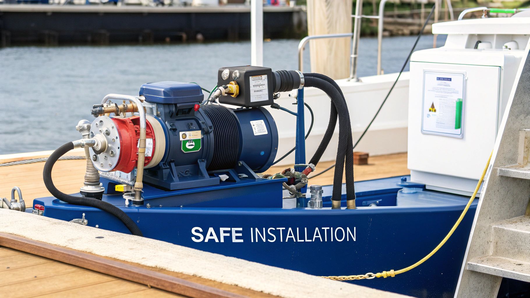 A blue diesel tank transfer pump system with hoses on a dock, labeled "SAFE INSTALLATION".