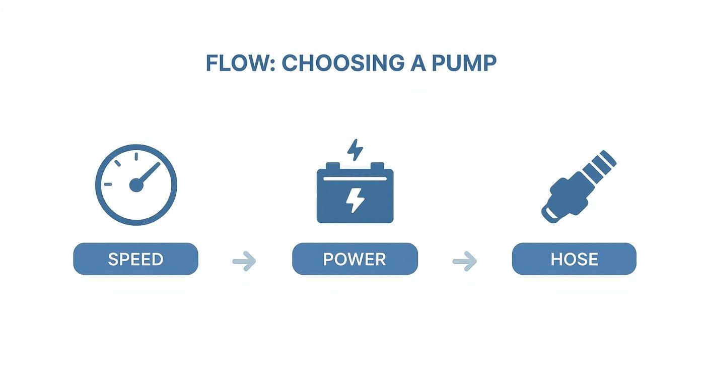 Infographic about gas can electric pump showing the process of choosing a pump based on speed, power, and hose.