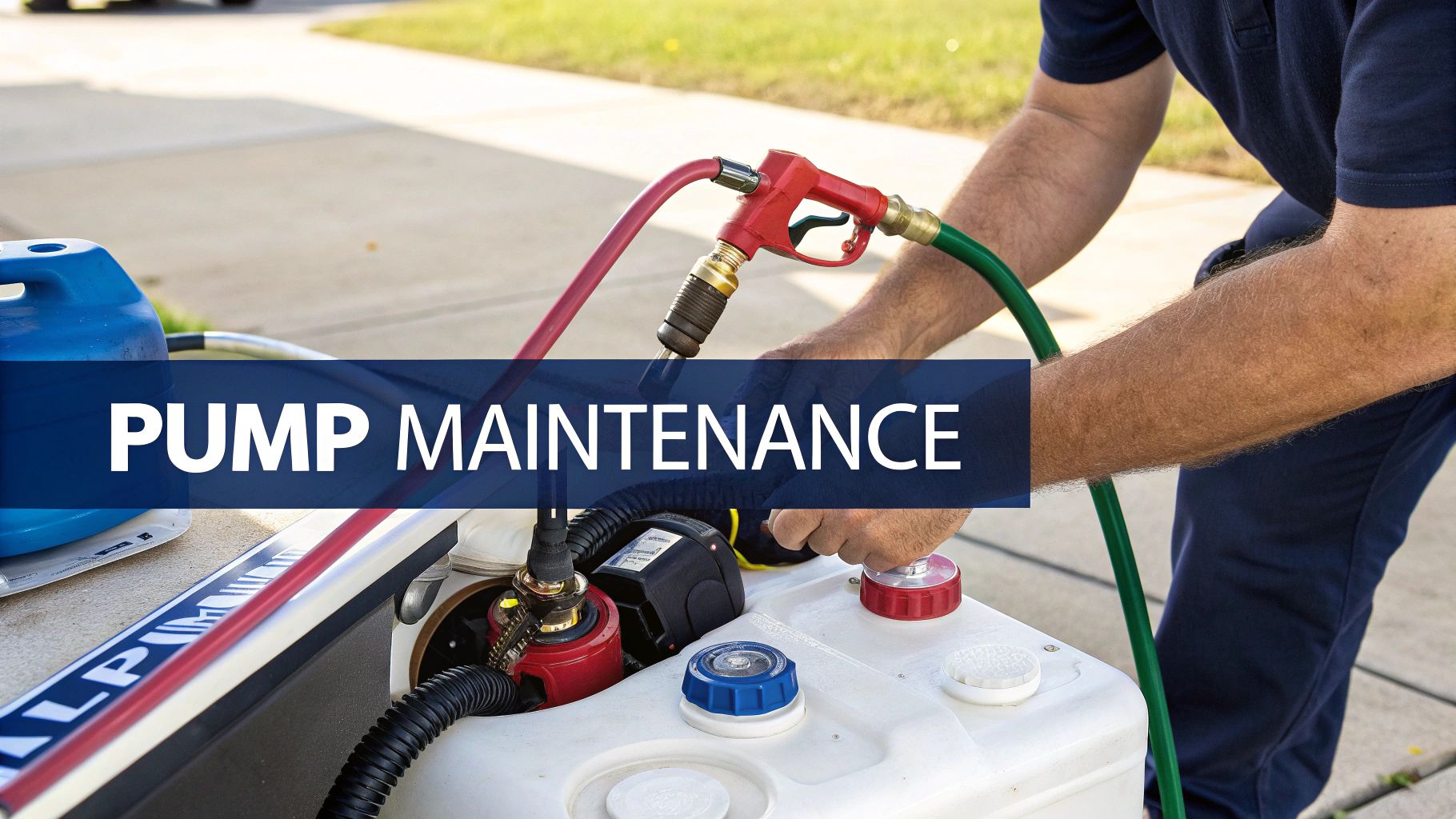 A person's hands operating a red fuel nozzle and green hose with a portable fuel tank, labeled "PUMP MAINTENANCE."