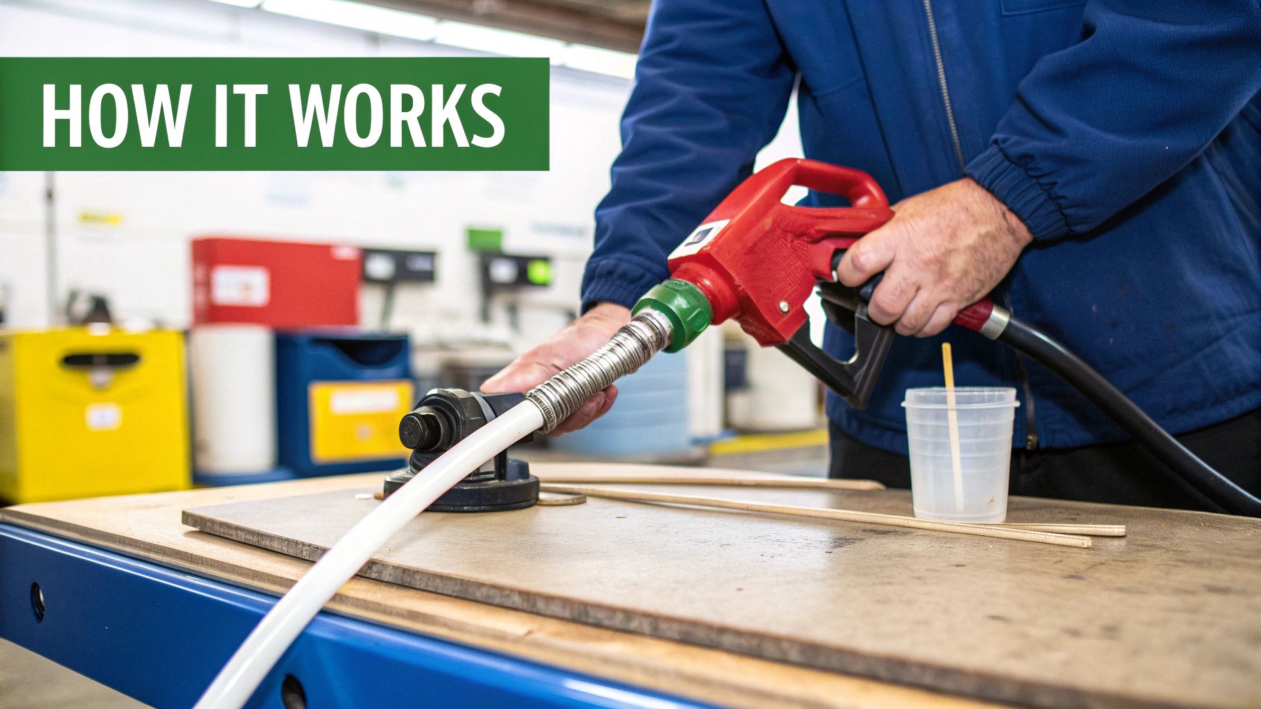 A person in a blue jacket holds a red fuel pump nozzle with a white tube on a workbench.