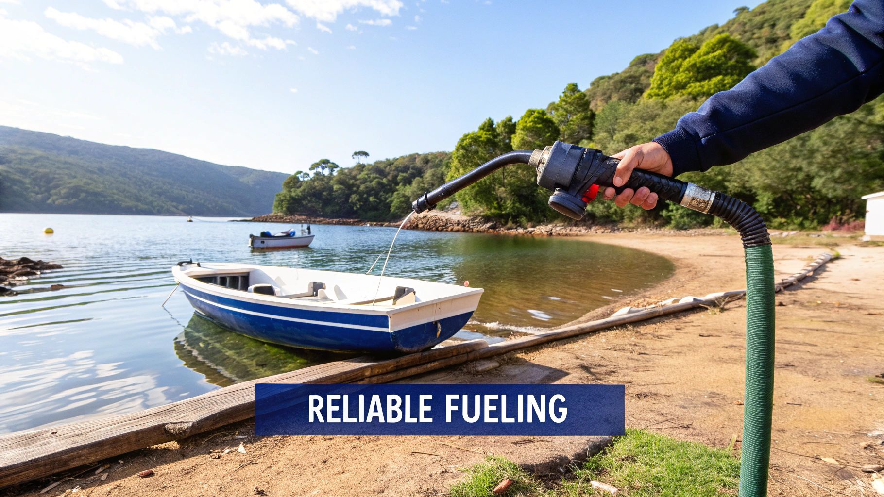 A person using a hand pump fuel transfer pump to move fuel from a red gas can into a boat's fuel tank on a sunny day