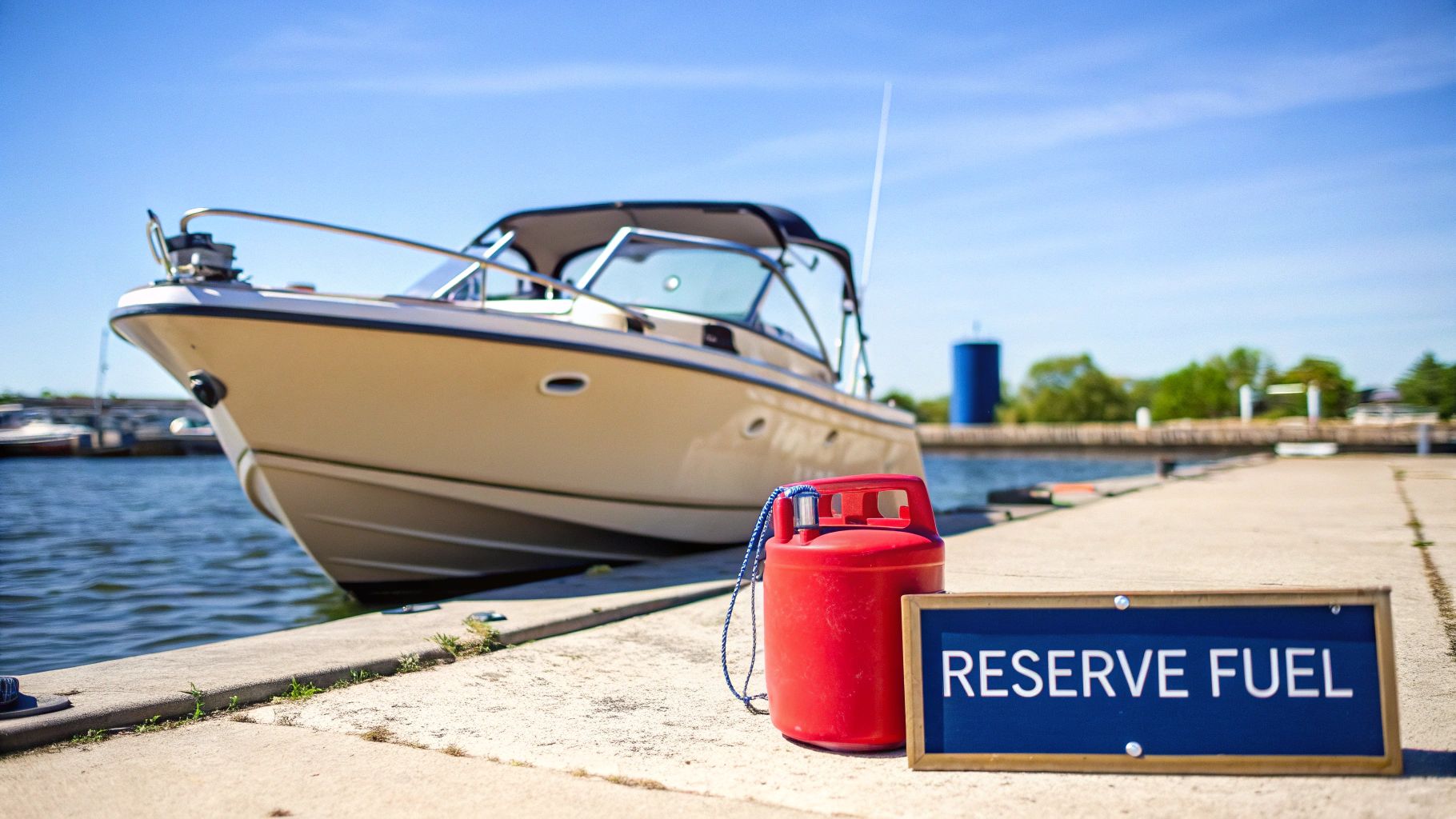 Red fuel canister and reserve fuel sign on dock beside beige motorboat at marina