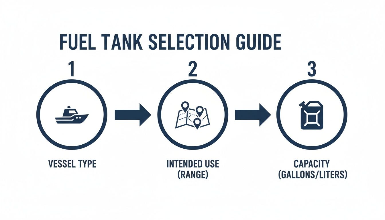 A three-step guide for selecting a fuel tank, covering vessel type, intended use (range), and capacity.