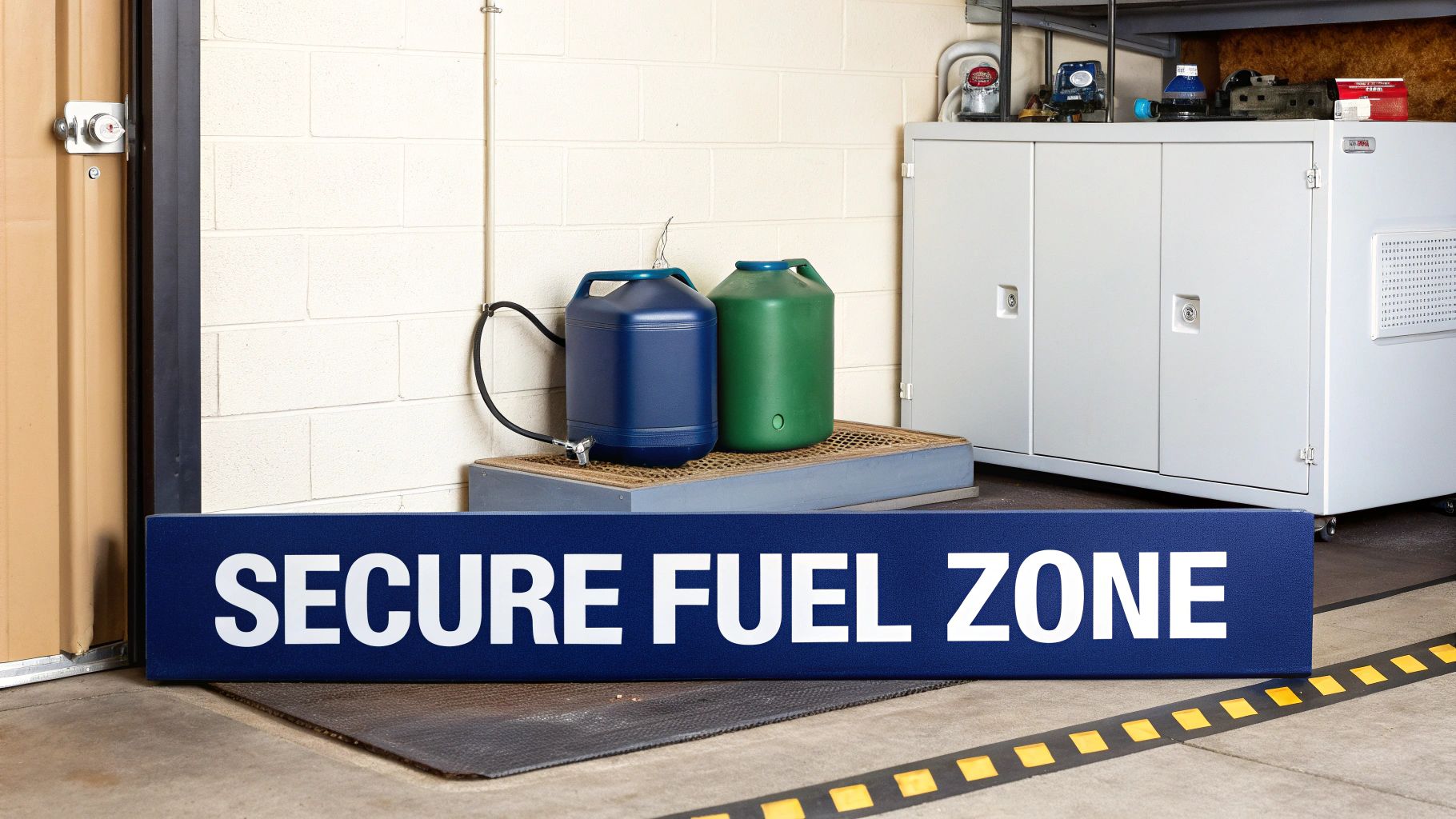 Commercial safety cans stored in a compliant flammable storage cabinet.