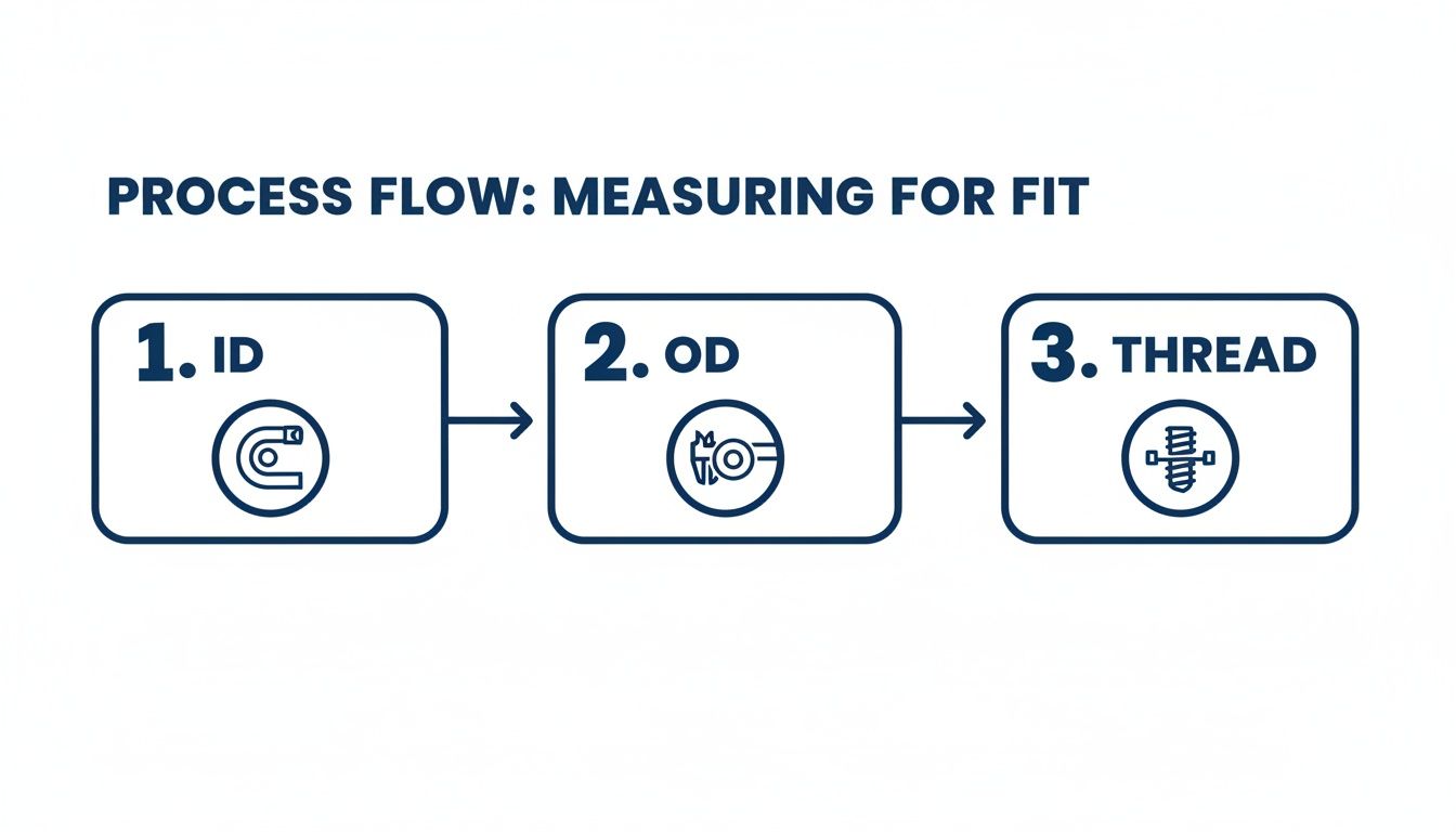 A process flow diagram illustrates three steps for measuring fit: ID, OD, and Thread, with corresponding icons.