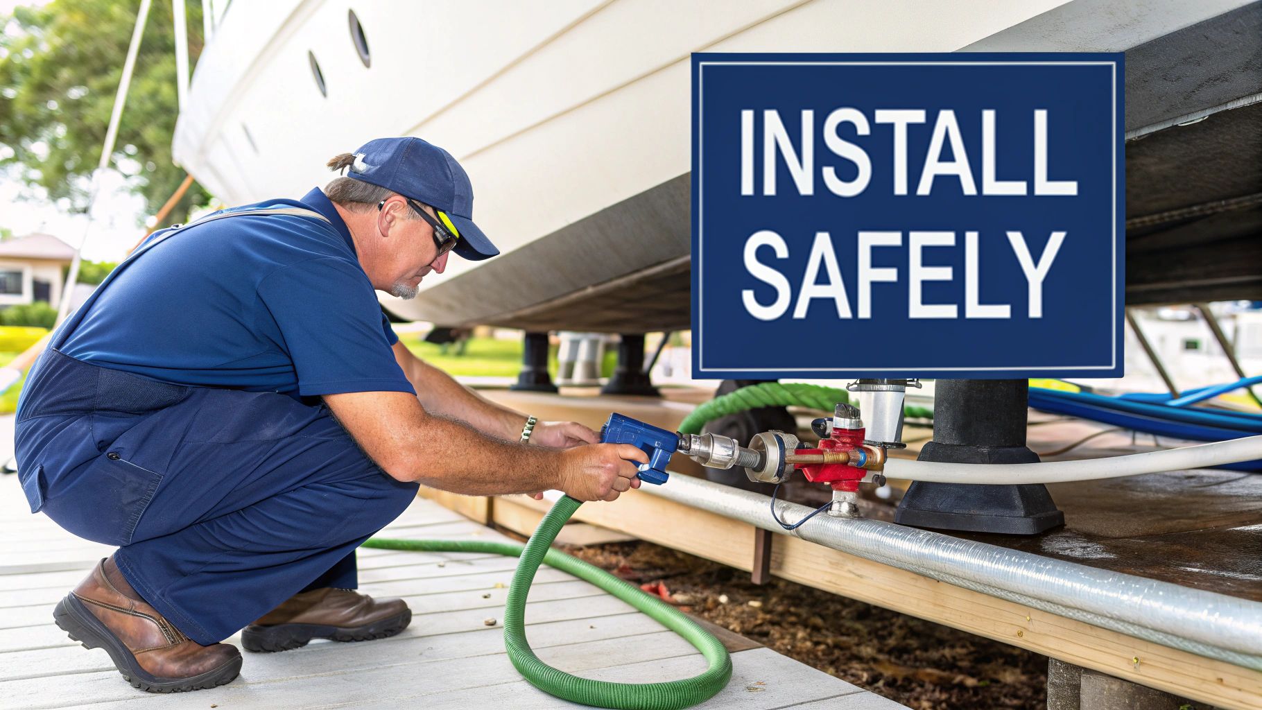 A person's hands are shown carefully installing a marine fuel transfer pump within a boat's engine compartment.