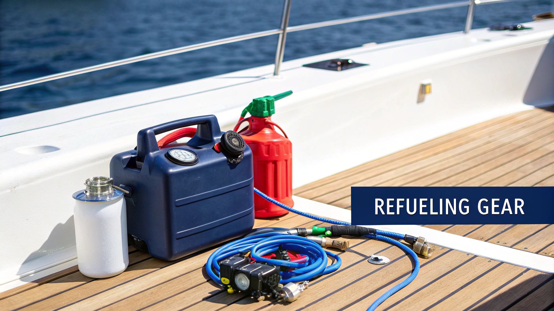 Refueling gear, including gas cans, a fuel pump, and hoses, arranged on a boat deck.