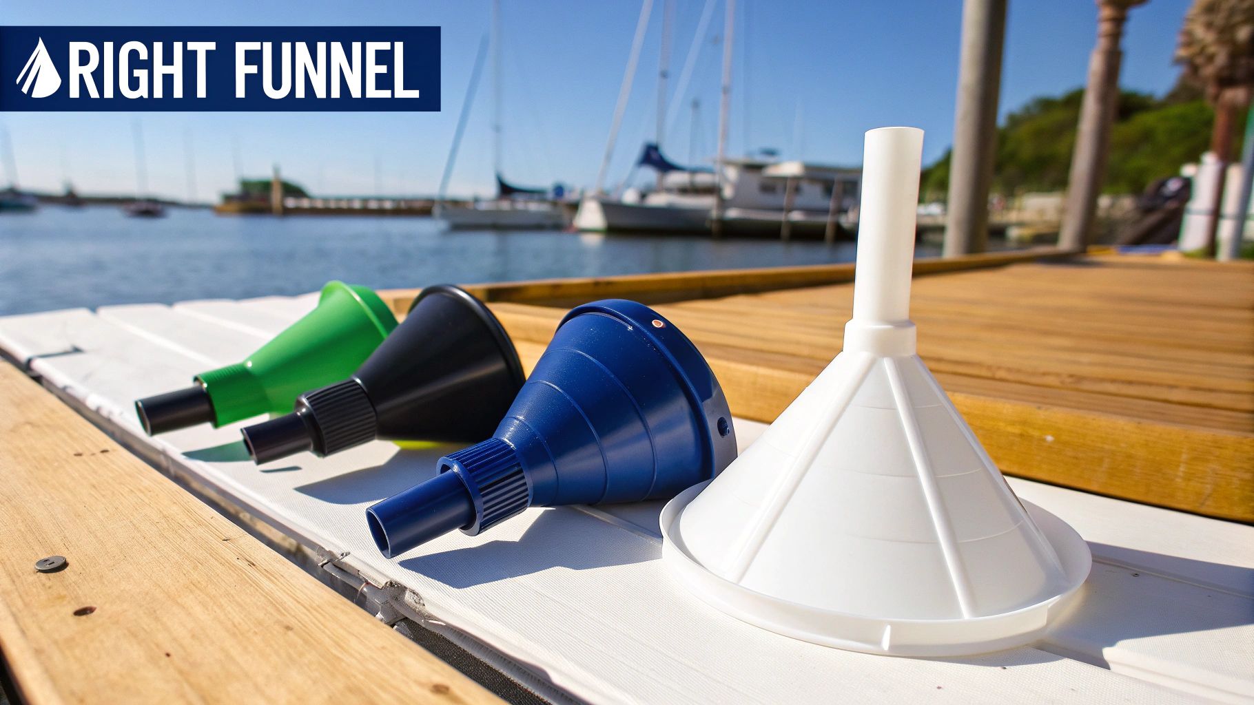 Four colorful plastic funnels arranged on a white surface on a sunny dock with boats.