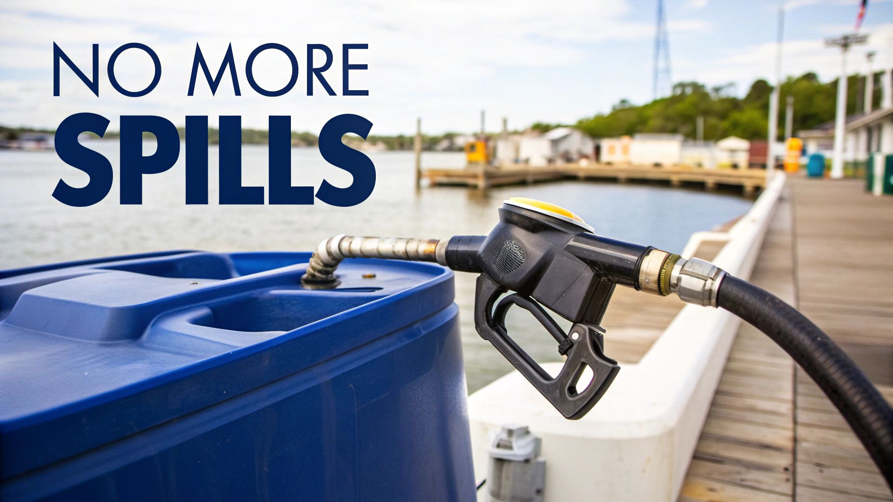 A gas pump nozzle near a blue portable marine fuel tank on a dock, with 'NO MORE SPILLS' text.