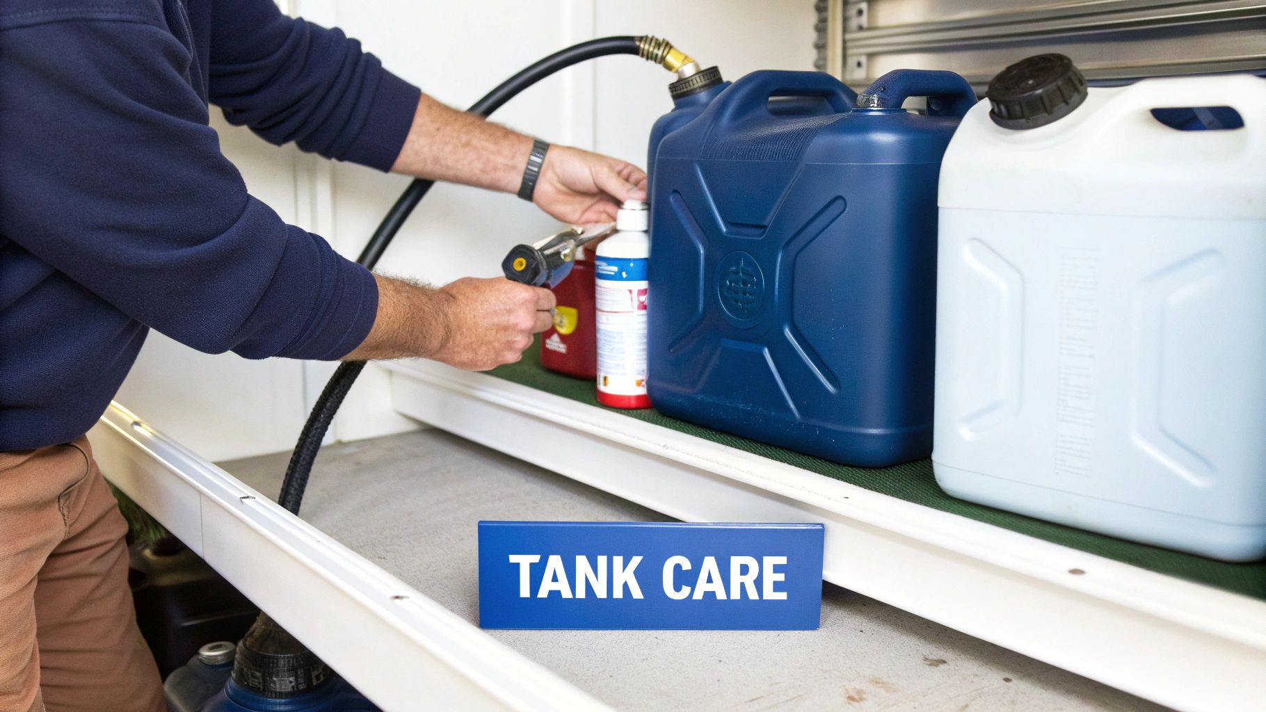 A person's hands dispensing liquid into a blue portable marine fuel tank, next to a white tank and a "TANK CARE" sign.
