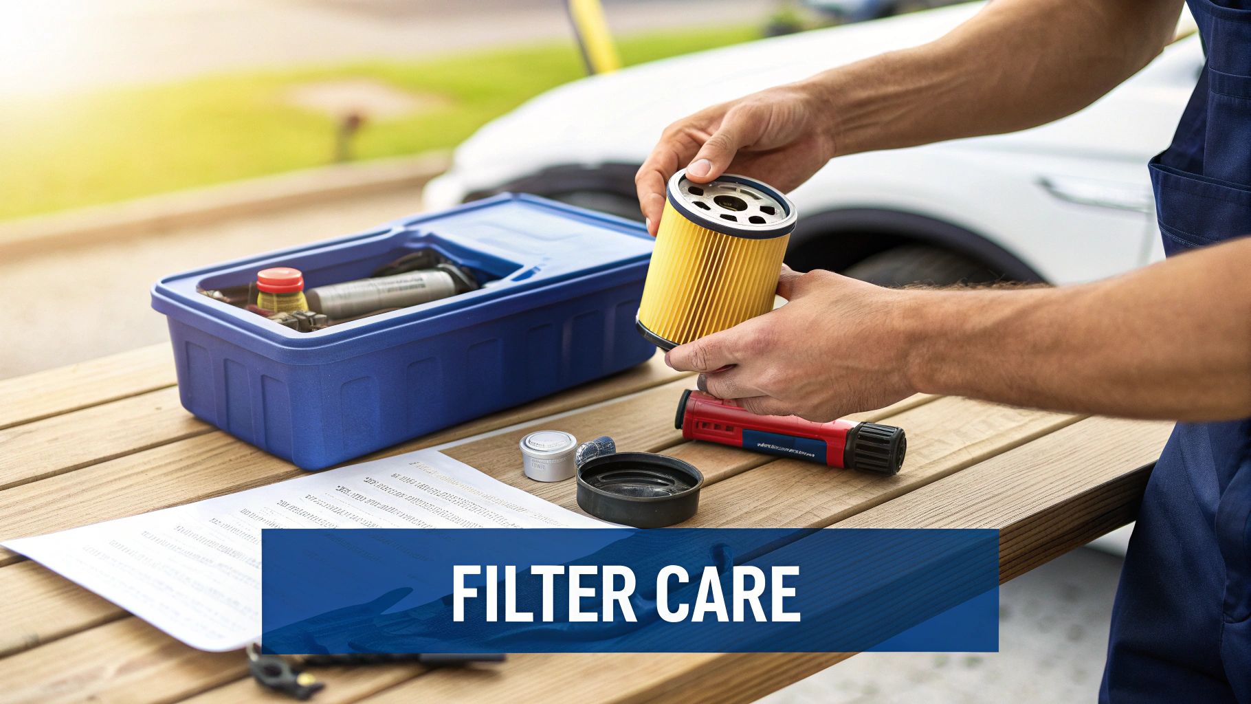 A person performing maintenance on a diesel engine's fuel system.