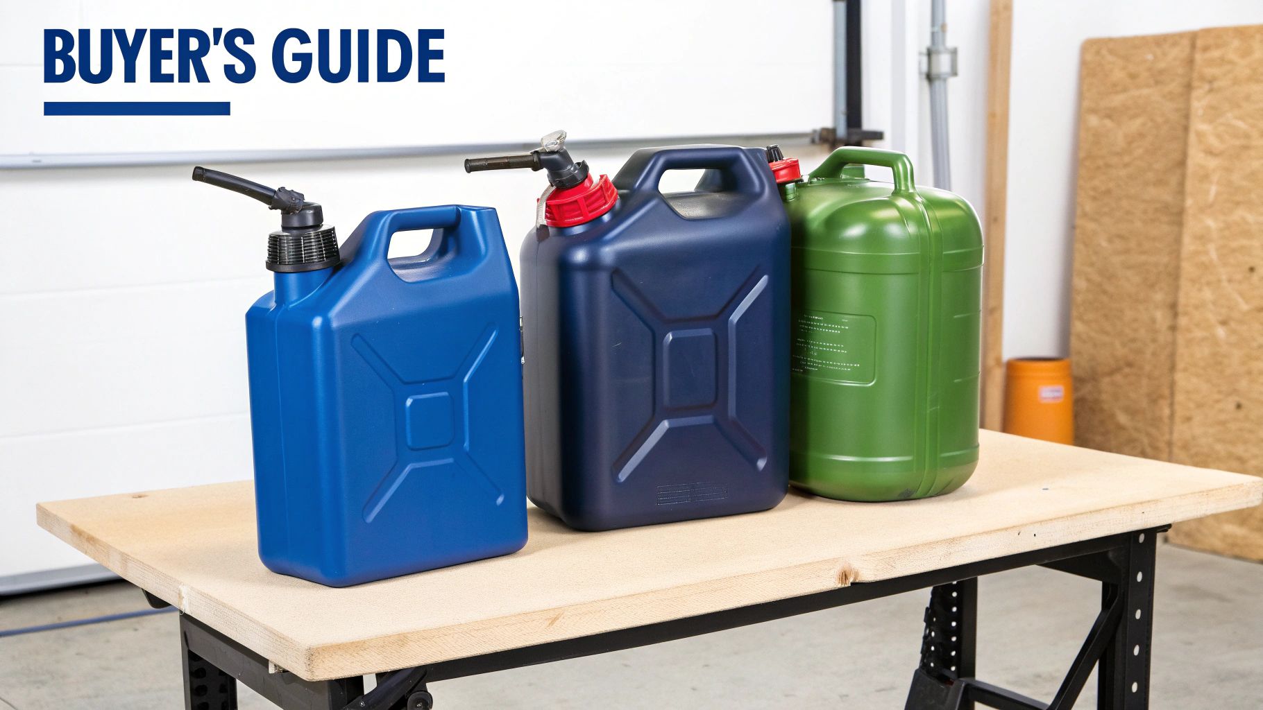 Three colorful plastic fuel cans with spouts displayed on a wooden workbench in a garage.