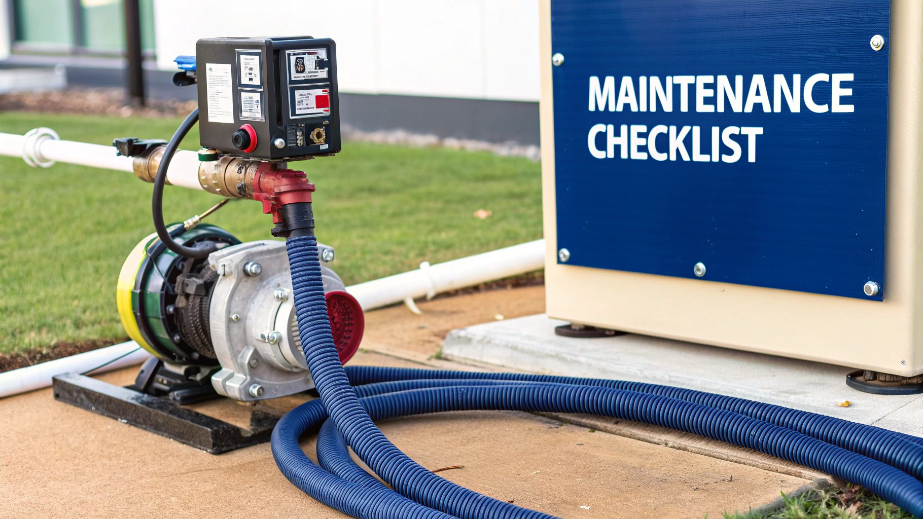 A portable pump system with hoses and a control unit next to a maintenance checklist sign.