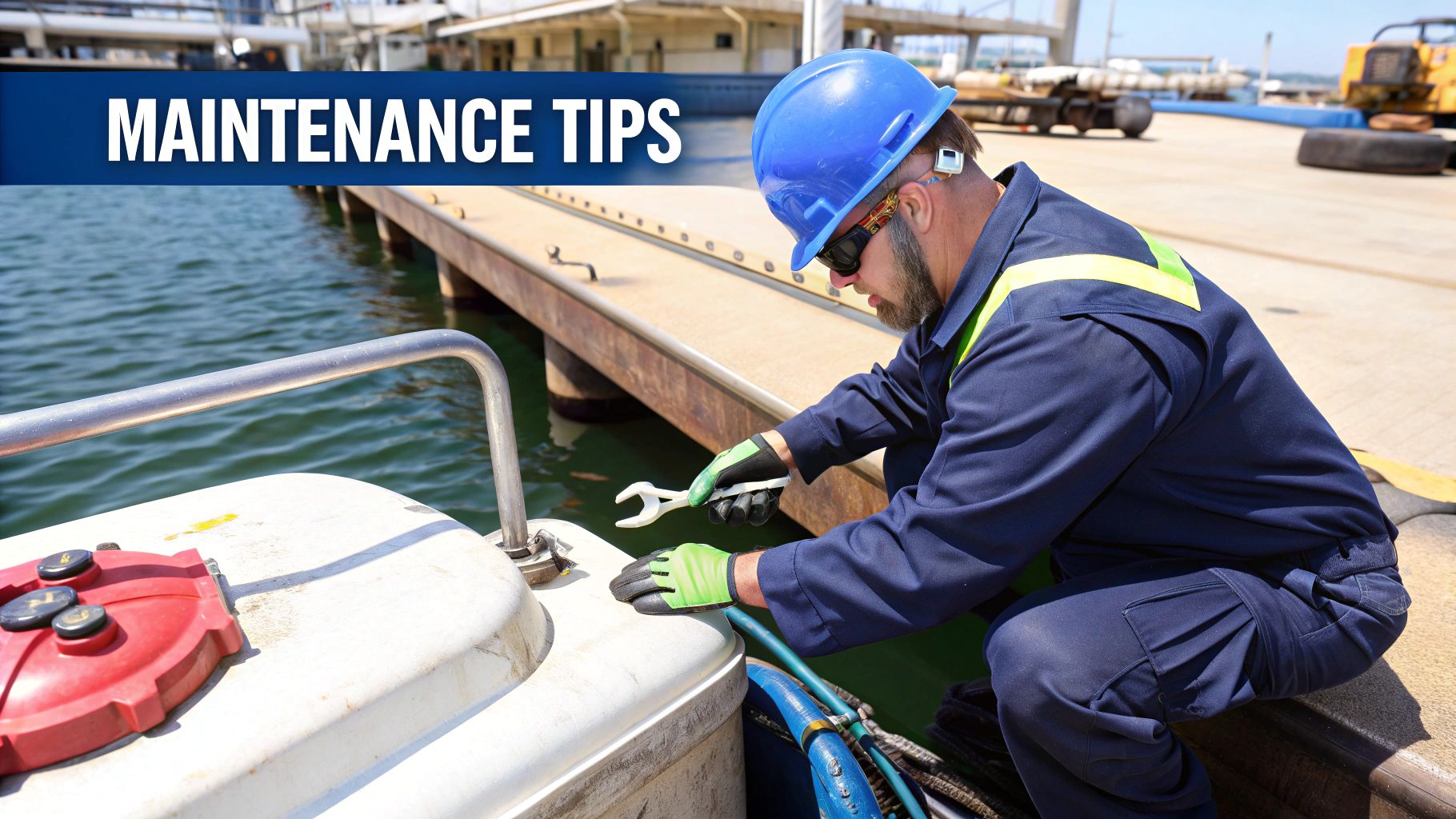 A person changing a boat fuel filter in a clean engine compartment.