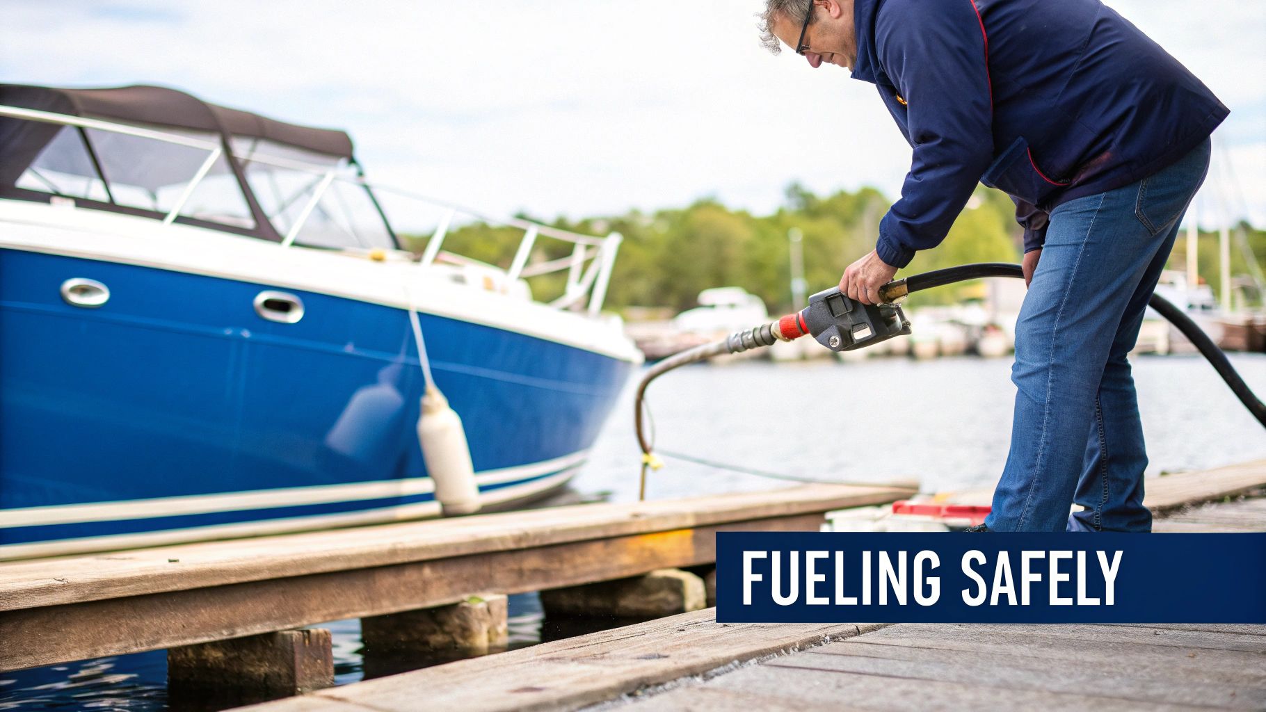 A man in glasses carefully fueling a blue boat at a wooden dock, with 'FUELING SAFELY' text overlay.