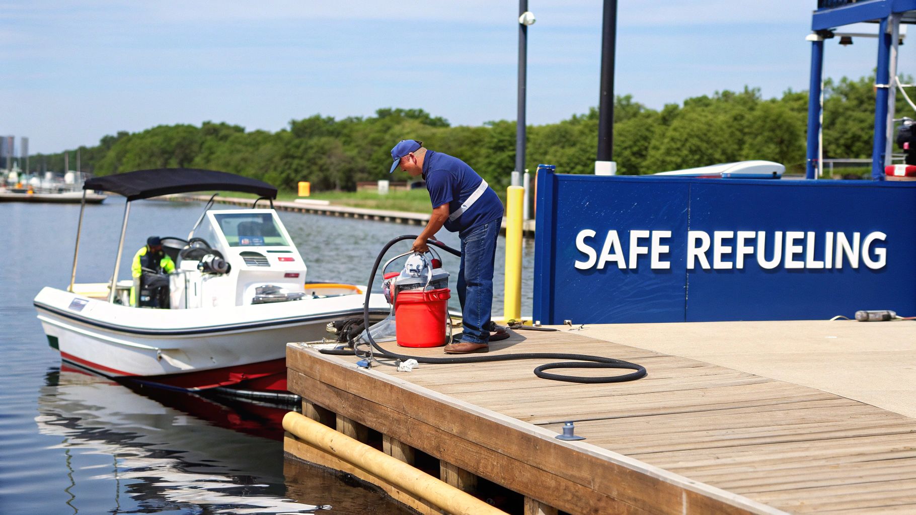 A man refuels a boat on a sunny day using a portable pump at a 'Safe Refueling' station.