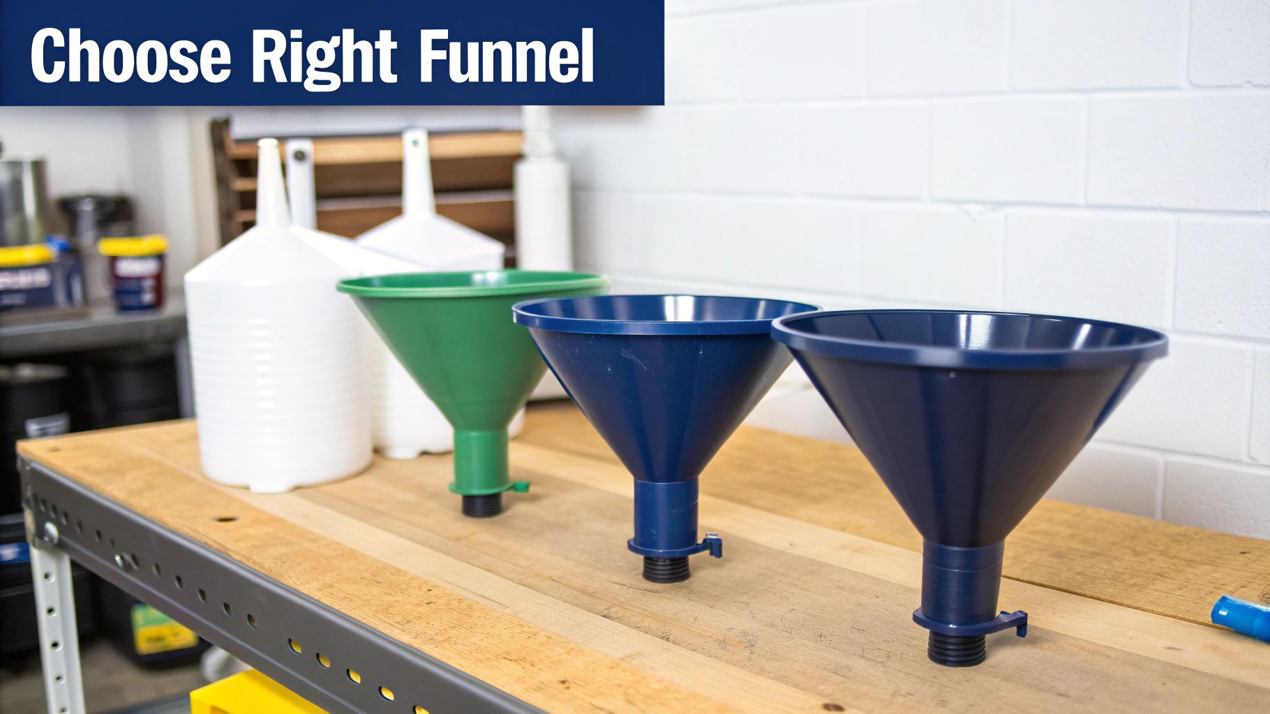 Various funnels, including green and blue ones with threaded necks, displayed on a wooden table, emphasizing selection.
