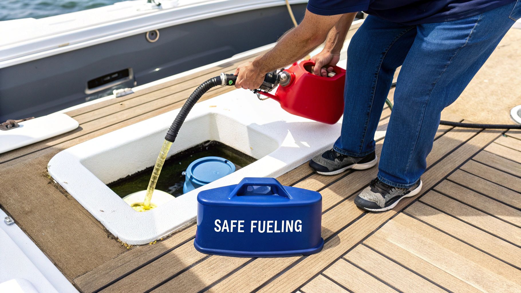 A person refills a boat's tank with yellow gasoline from a red jerry can using a hose and filter, with a 'SAFE FUELING' container nearby.