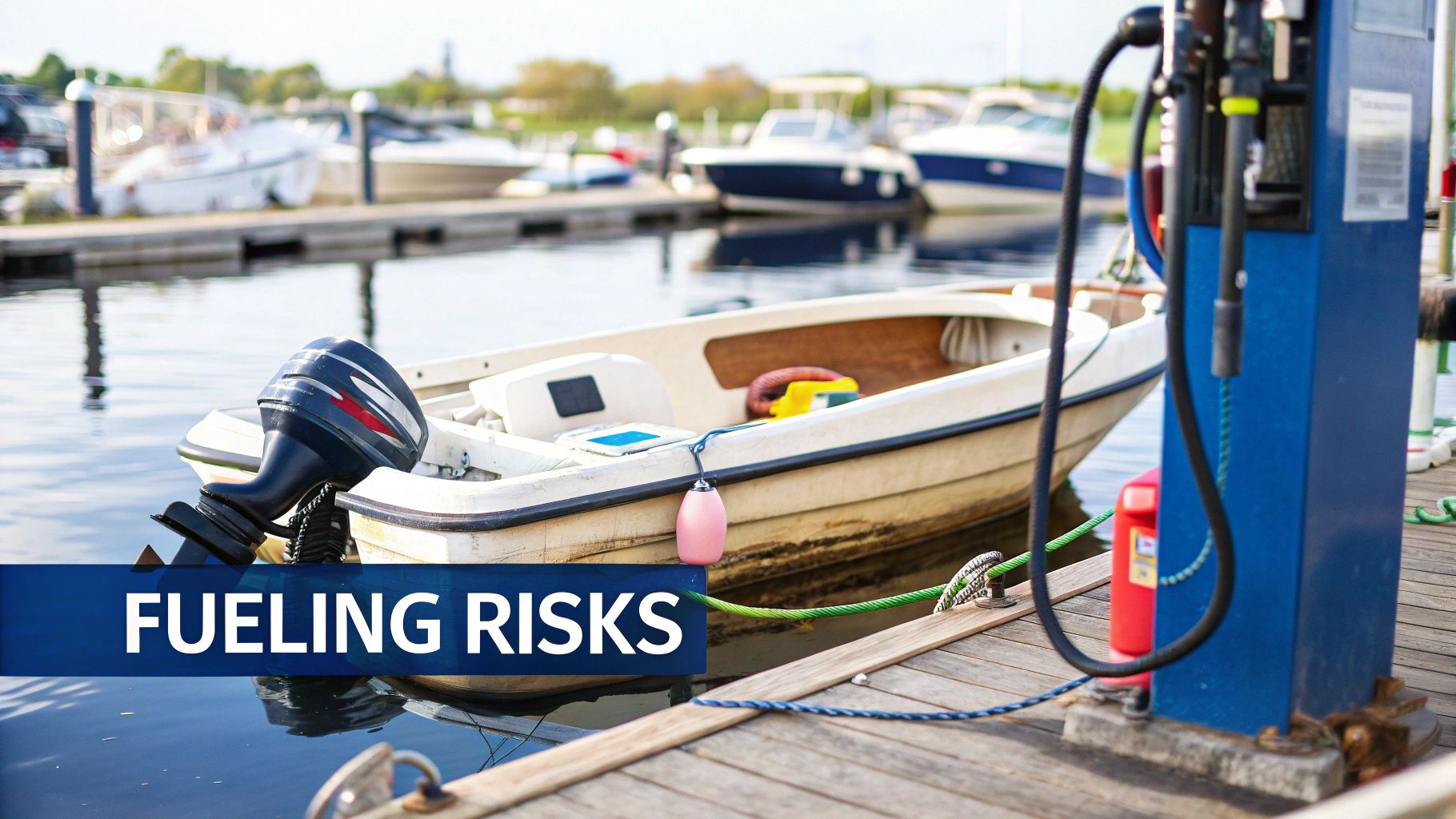 A small boat is docked at a marina next to a blue gas pump, with a 'FUELING RISKS' banner.